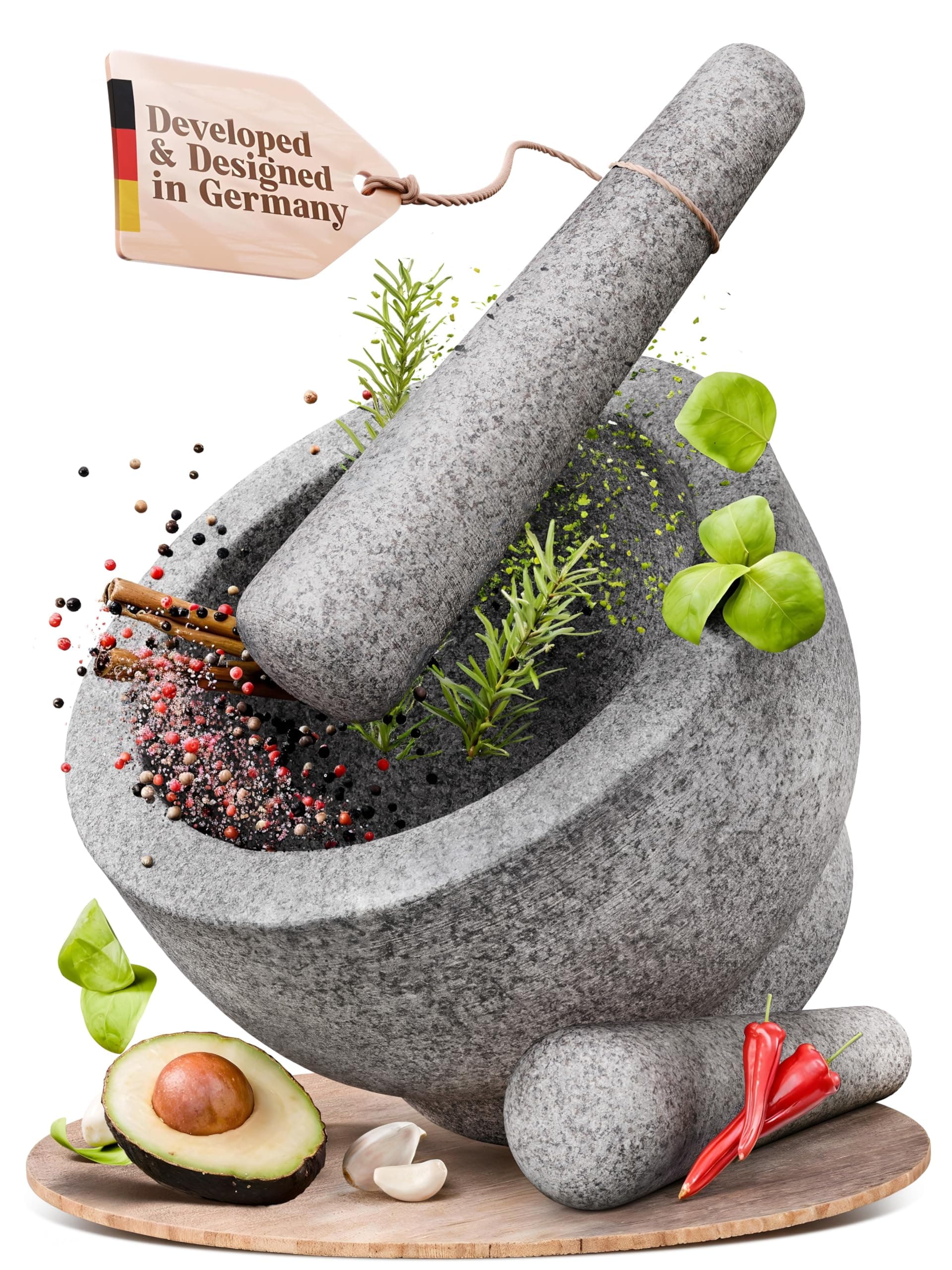 ChefSofi エクストララージ 8インチ 5カップ容量乳鉢とすりこぎセット - 大きなすり鉢1つと乳棒2つ 8.5インチと6.5インチ - 磨かれていない重花崗岩でパフォーマンスと有機的な外観を向上