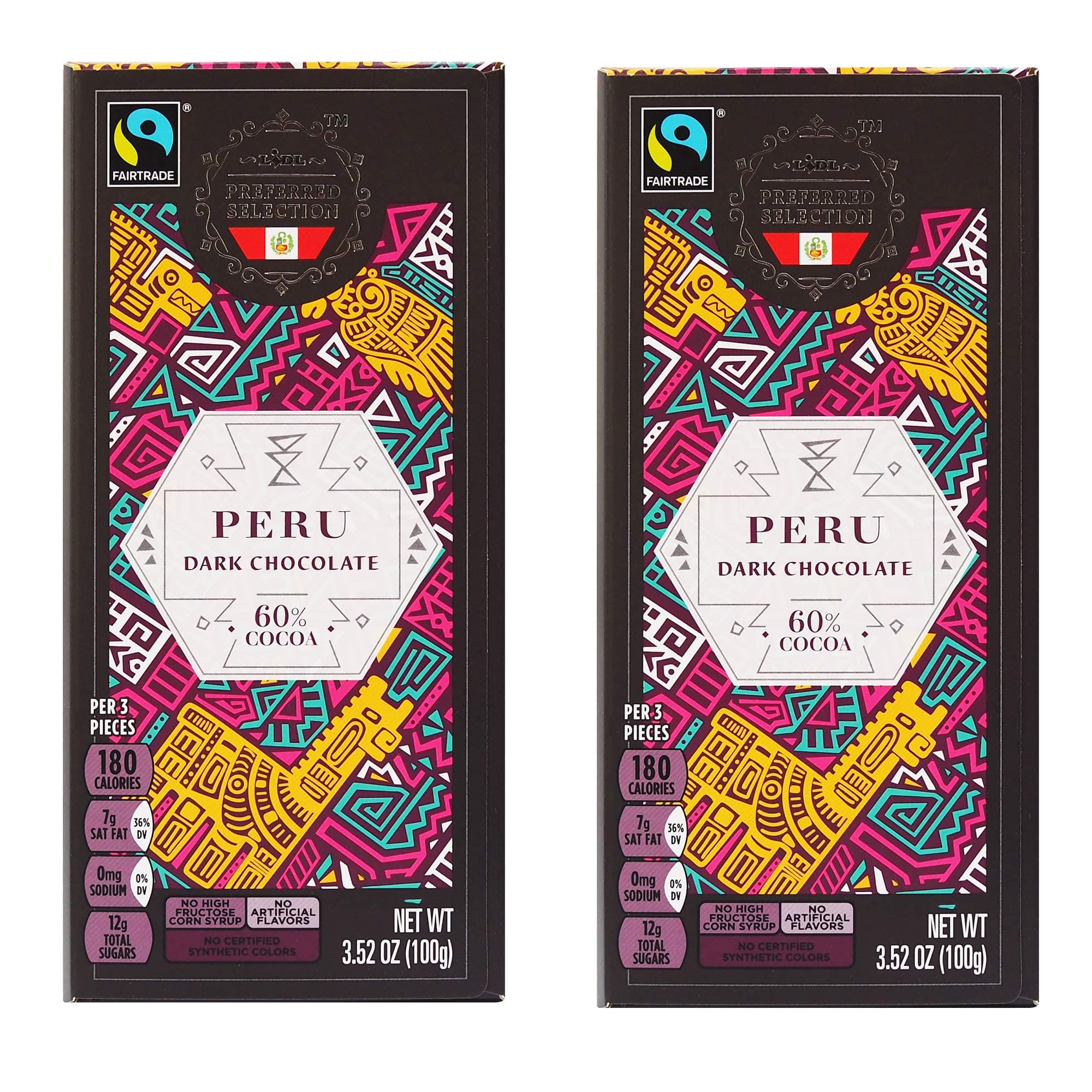Lidl Preferred Selection Peru Dark Chocolate - 60% Dark - Fair Trade - Made in Germany (2 Pack)