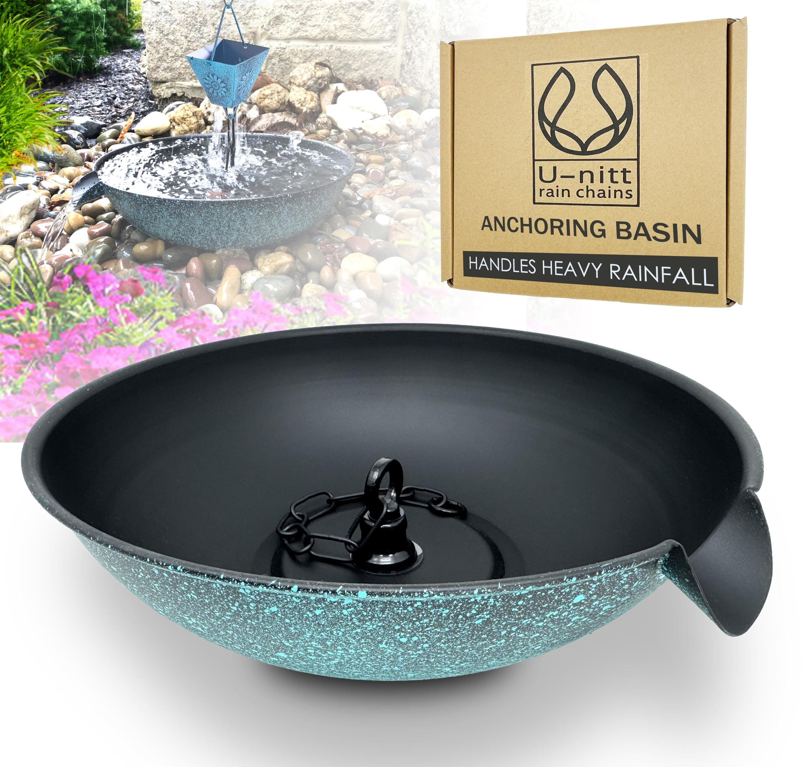 U-nitt Rain Chain Anchoring Basin/Bowl/Dish/Pan/Saucer to Catch Rain Water to Replace Gutter Downspout | Spill Over with Scupper | Birdbath Alternative | 9" Chain | Black Powder Coated | Patina 12"