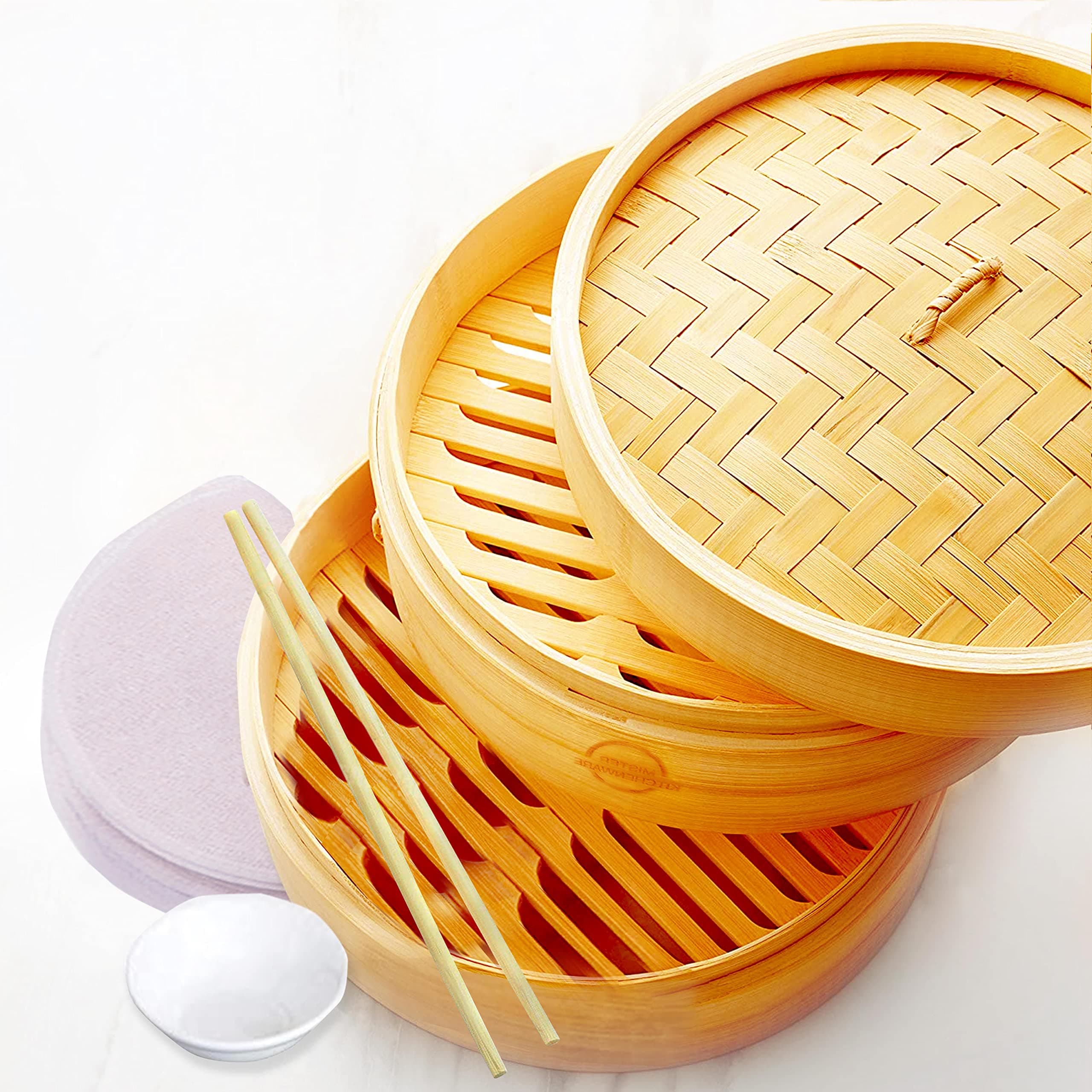10 Inch Handmade Bamboo Steamer, 2 Tier Baskets, Healthy Cooking for Vegetables, Dim Sum Dumplings, Buns, Chicken Fish & Meat Included Chopsticks, 10 Liners & Sauce Dish