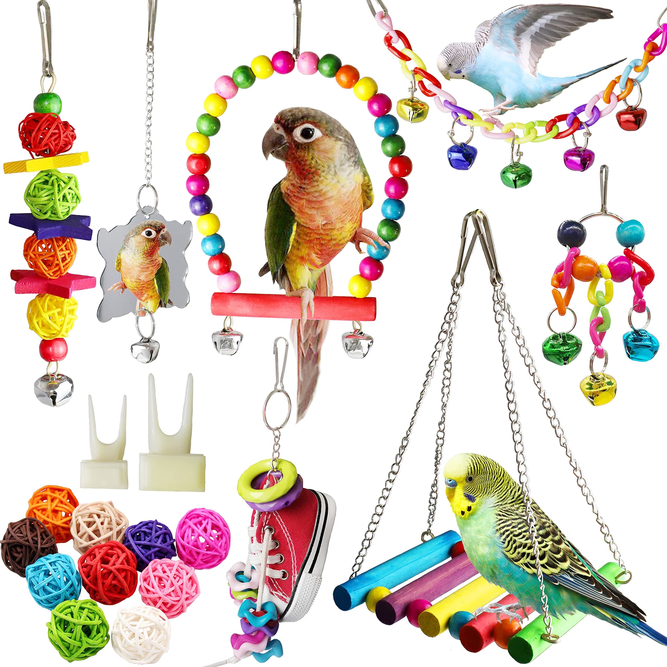 Bird Parakeet Cockatiel Toys, 19 Pcs Pet Bird Cage Swing Hammock Shoe Chewing Toy Hanging Bell Wooden Perch for Conures, Love Birds, Finches, Budgie