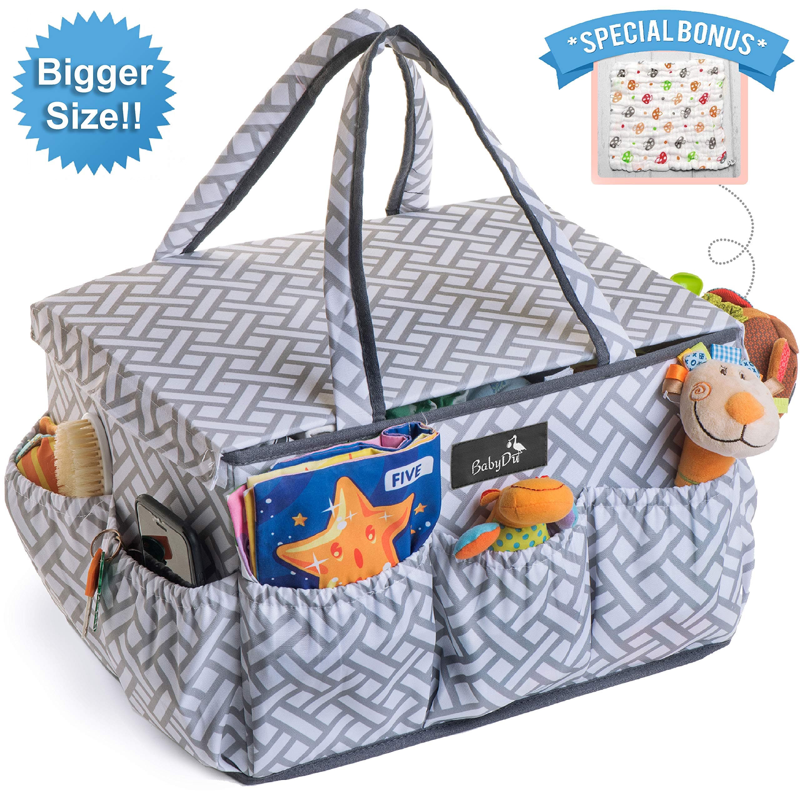 Premium Diaper Caddy Organizer with Dust Cover, Large Nursery Travel Storage Bin, Portable and Washable Basket, Tote Bag for Diapers, Bottles, Wipes, Toys, Baby Shower Gift, w/Free Hand Towel