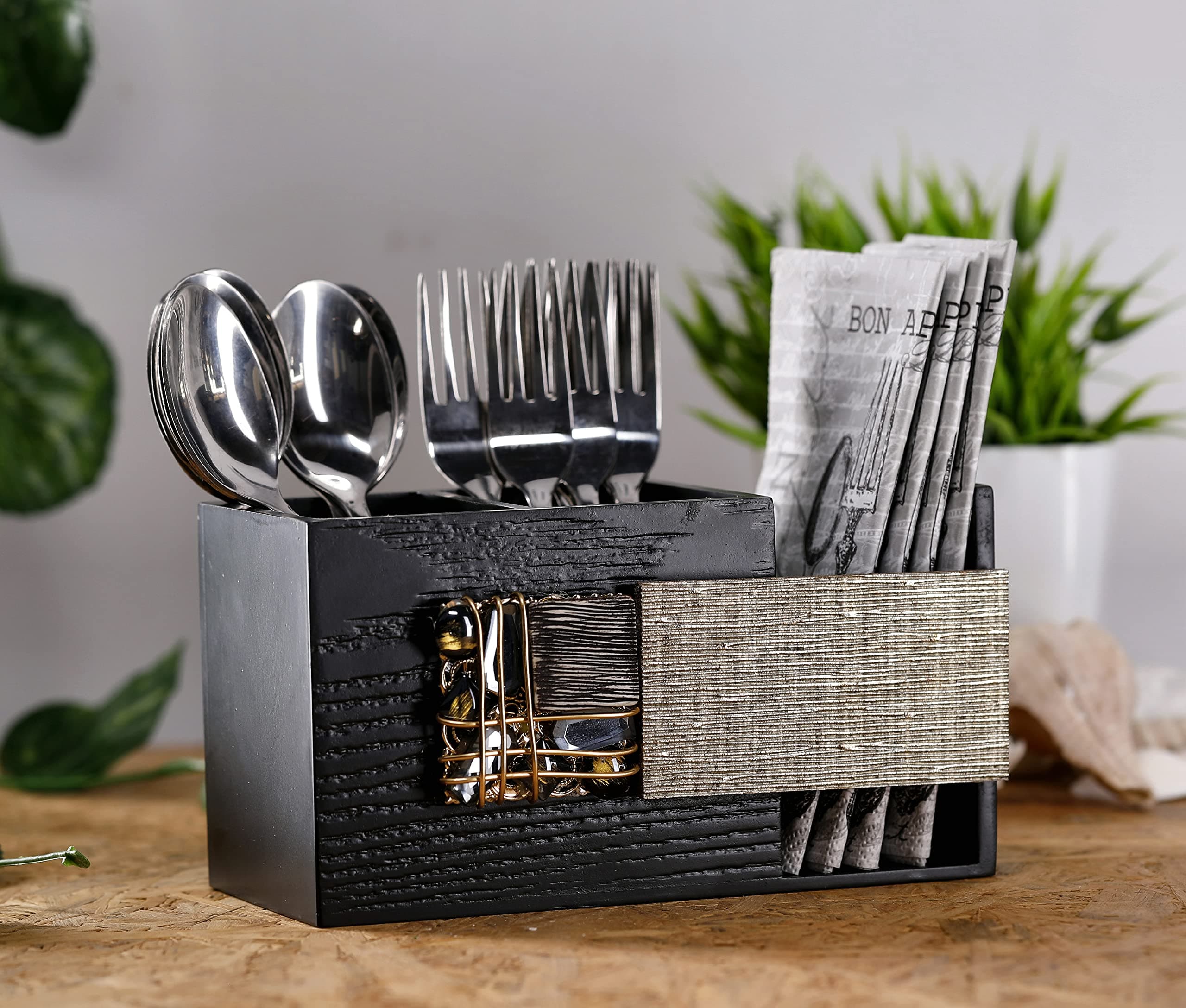 COCKTAIL Decorative Wooden MDF Gold Cutlery Stand with 3 Sections | Spoon Stand and Cutlery Holder for Dining Table and Kitchen | Multifunctional Organizer Stand | Black-ST