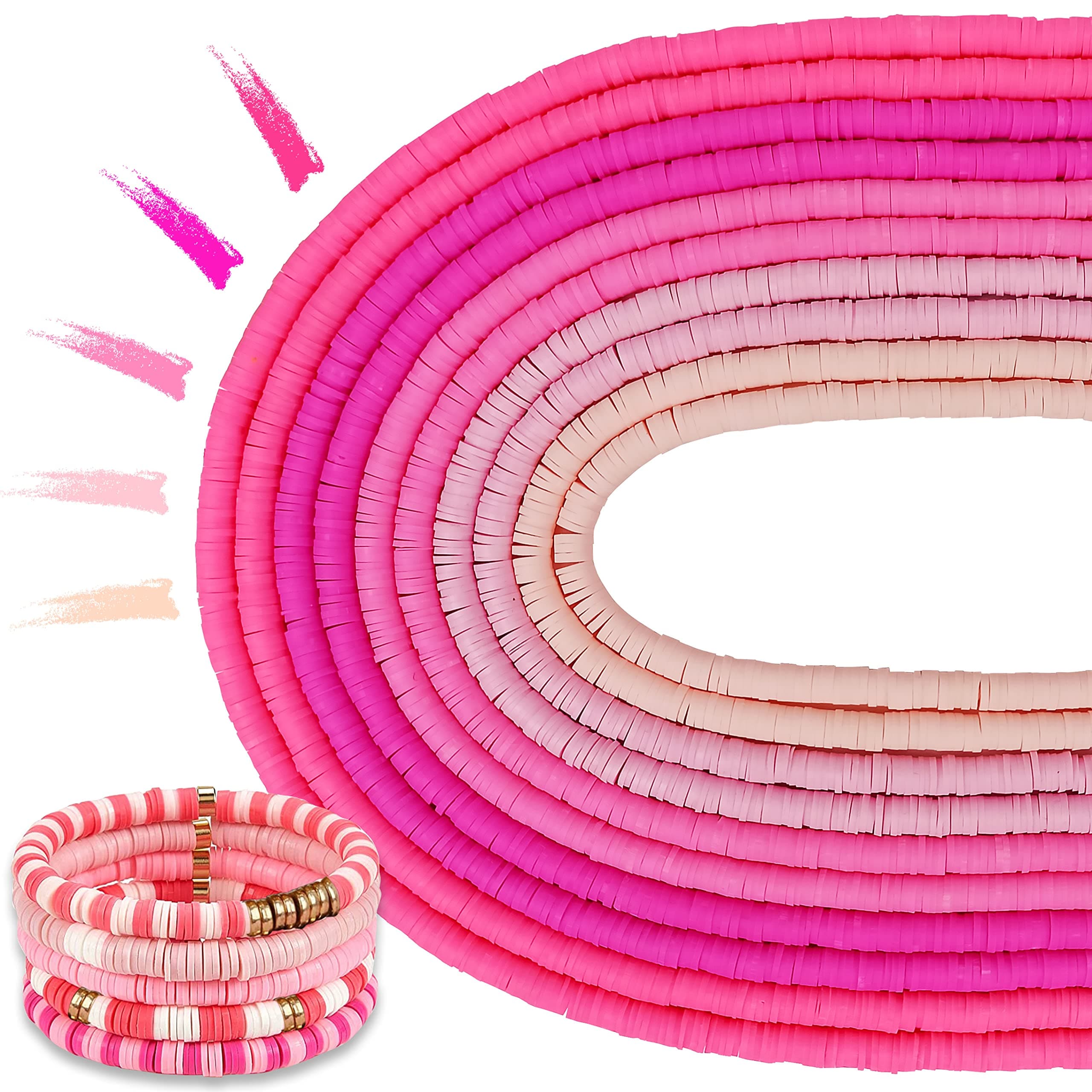 MIIIM 3600 PCS 10 Strands Clay Beads Polymer Clay Beads for Jewelry Making, Vinyl Heishi Beads 6mm for Surfer Bracelets Necklace Making (Pink)