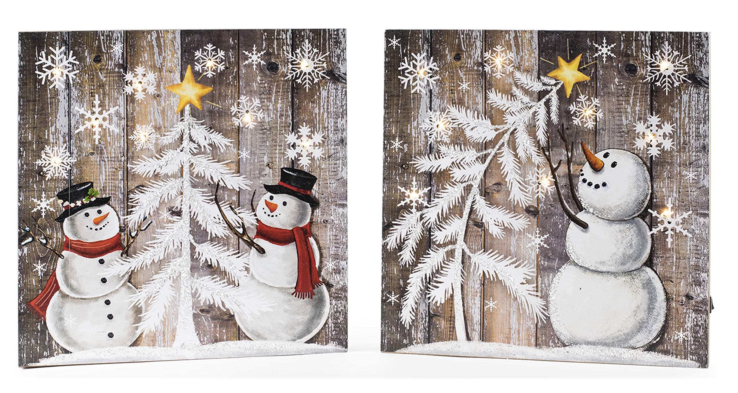 OSW LED Lighted Snowman with Trees Wooden Christmas Decor Wall Art Hanging or Tabletop Display - Set of 2 Battery-Operated Light-Up Holiday Decoration Plaques OSW187400