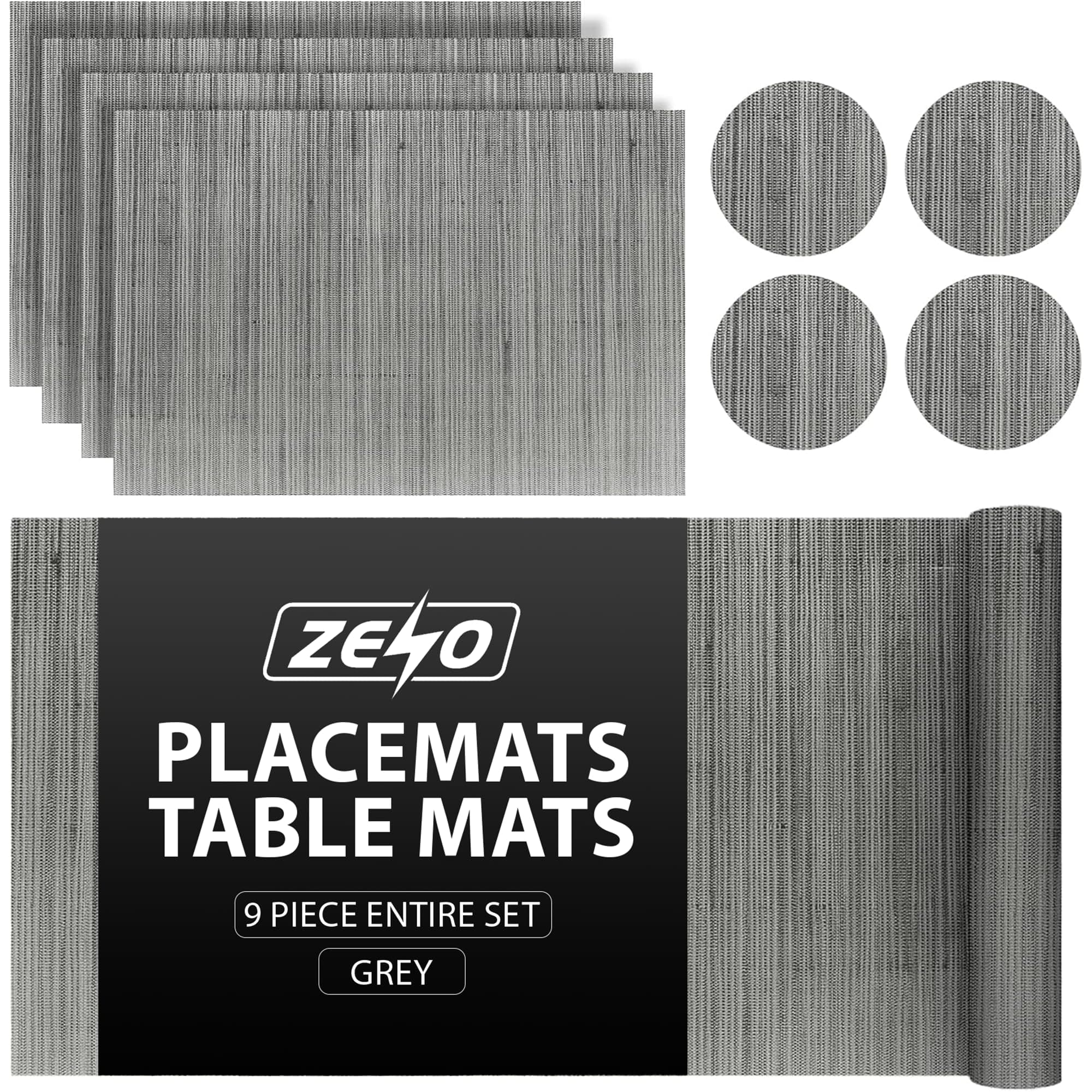ZENO Placemats Table Mats | 9 Piece Set with 4 x Placemats + 4 x Coasters + 1 x Long Table Mat | Resistant Anti Slip Table Place Mats and Coaster Sets for Home | Restaurant | Grey