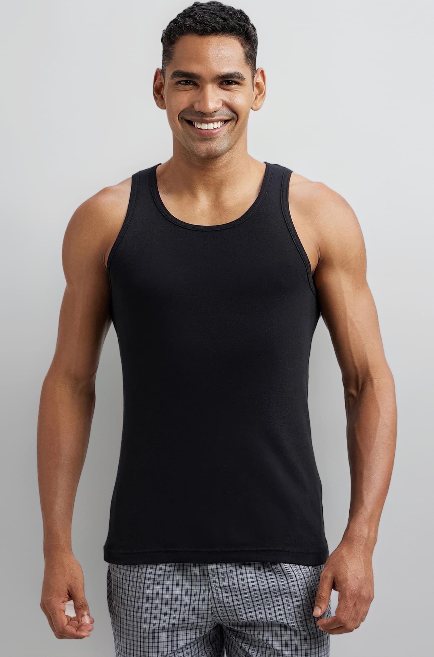 FP04 Men's Super Combed Cotton Rib Round Neck Sleeveless Vest with Extended Length for Easy Tuck