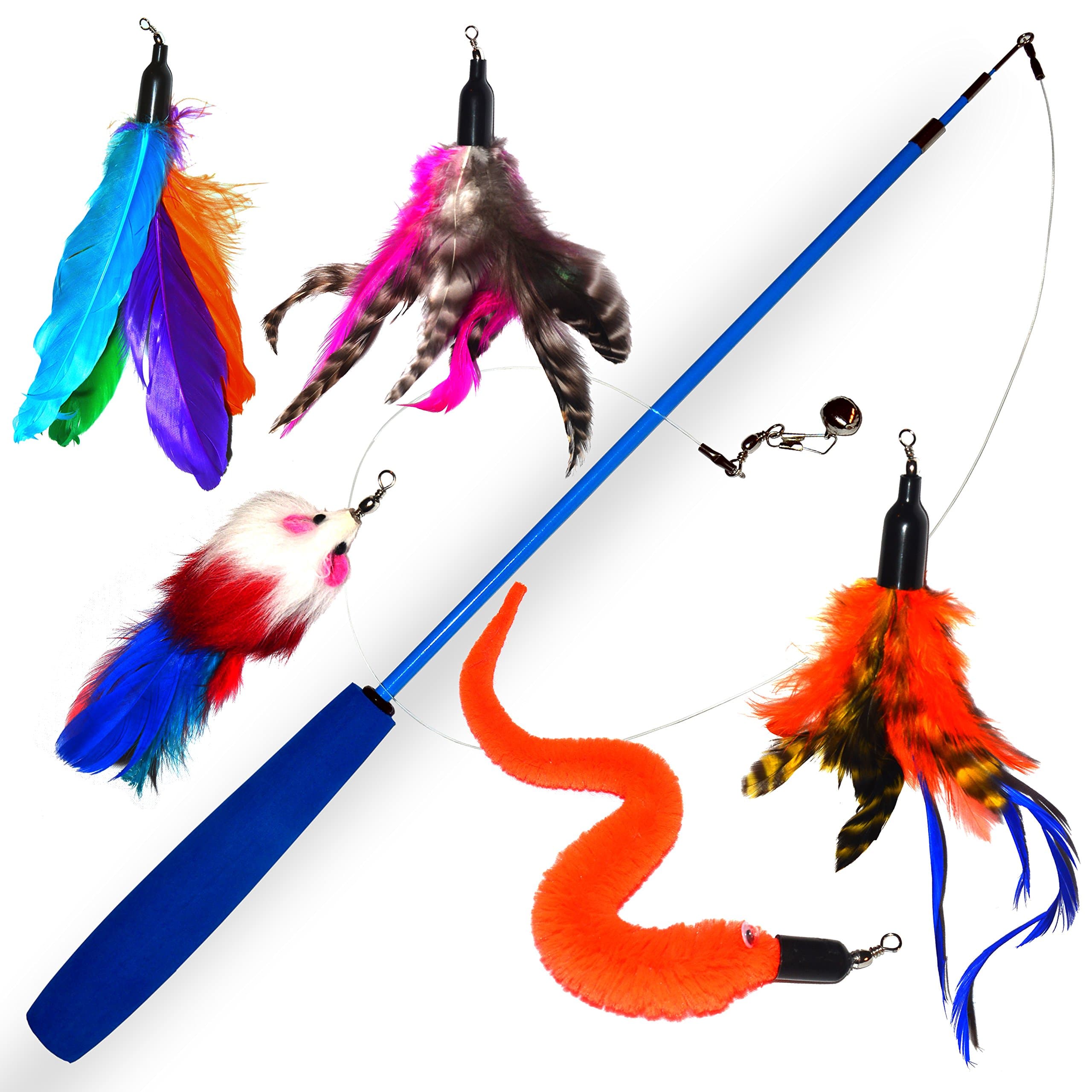 Cat teaser toy with bell and real feathers for cats & 5-set premium cat toy extendable with mouse, bell tag removable, long feathers and bird, solid telescopic rod and 97 cm long, by Santa Cruz Club