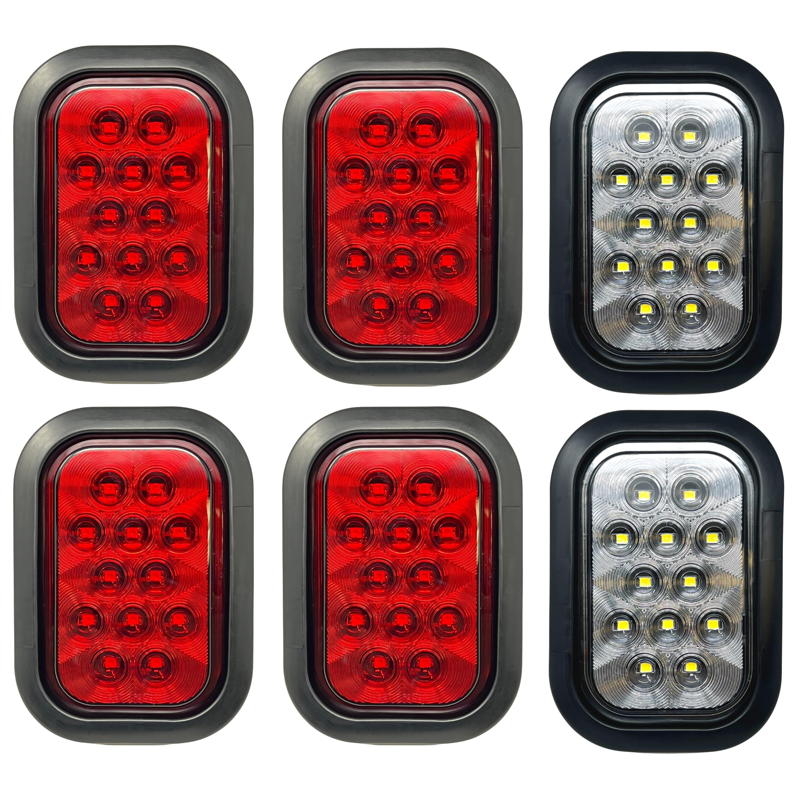 5x3 4x Red 2x White Rectangle Light 12 LED Stop/Turn/Tail Backup/Reverse Tow Truck Semi Trailer CM Flatbed Reading Postal Hitch Mounted RV Bus Grommet 3 Wire Pigtail Plug Kit 12V