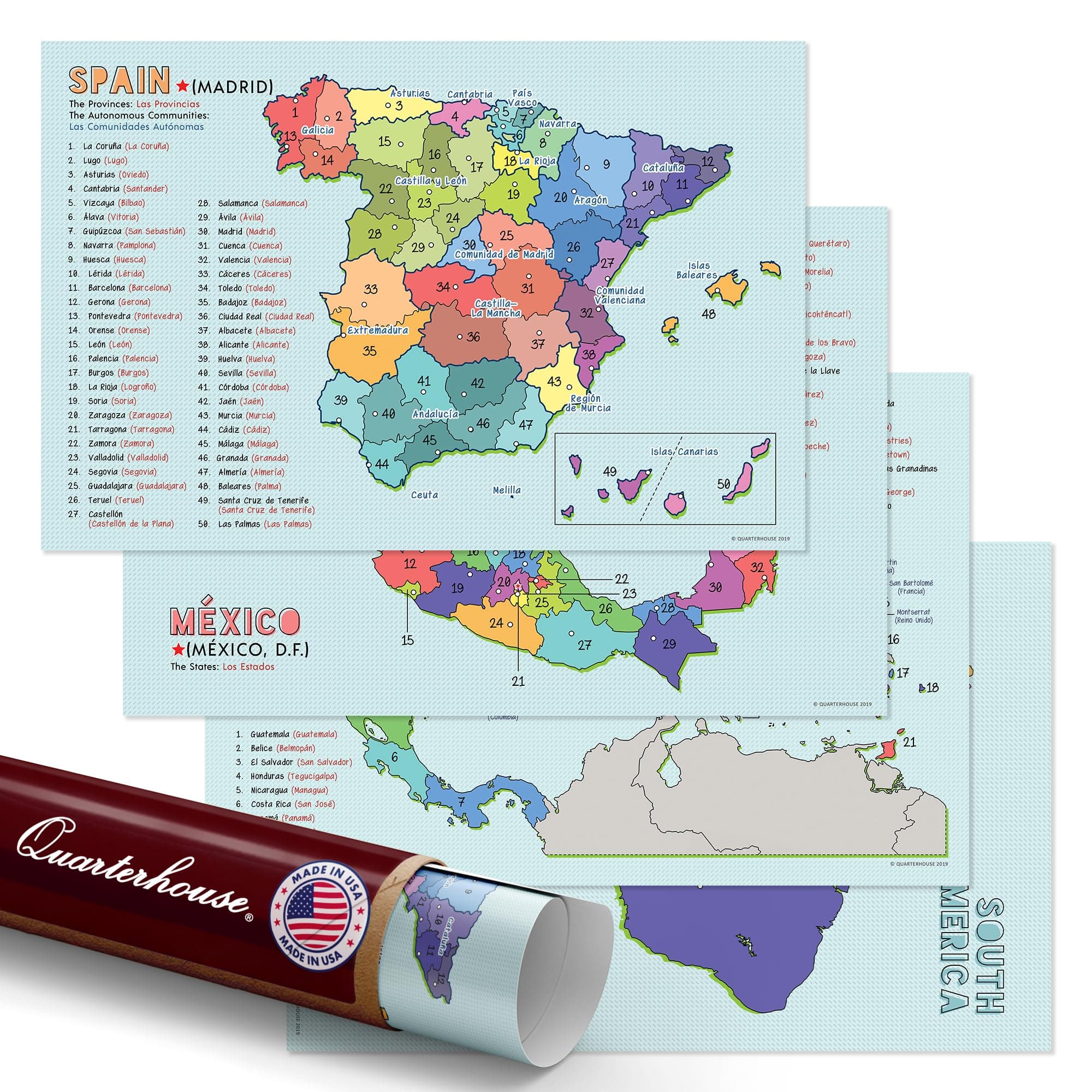 Quarterhouse 4 Poster Spanish Language Country Maps Set, Spanish Classroom Learning Materials for K-12 Students and Teachers, 12 x 18 Inches, Made in USA