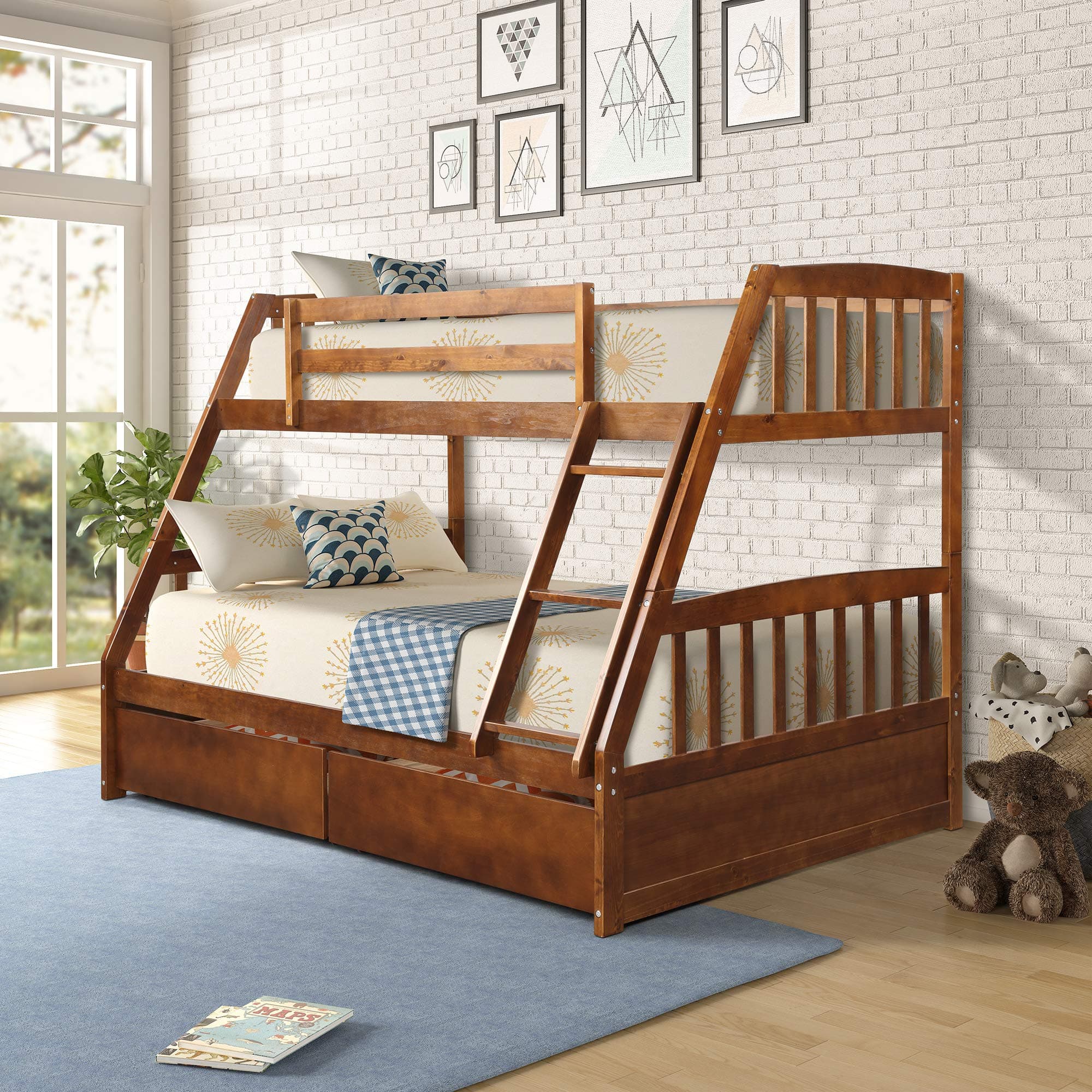 Solid Wood Twin Over Full Bunk Bed,with Two Storage Drawers and Removable Ladder,Converts to Separate Berth Frame for Kids, Teens, Guest Rooms, Wonderful Walnut