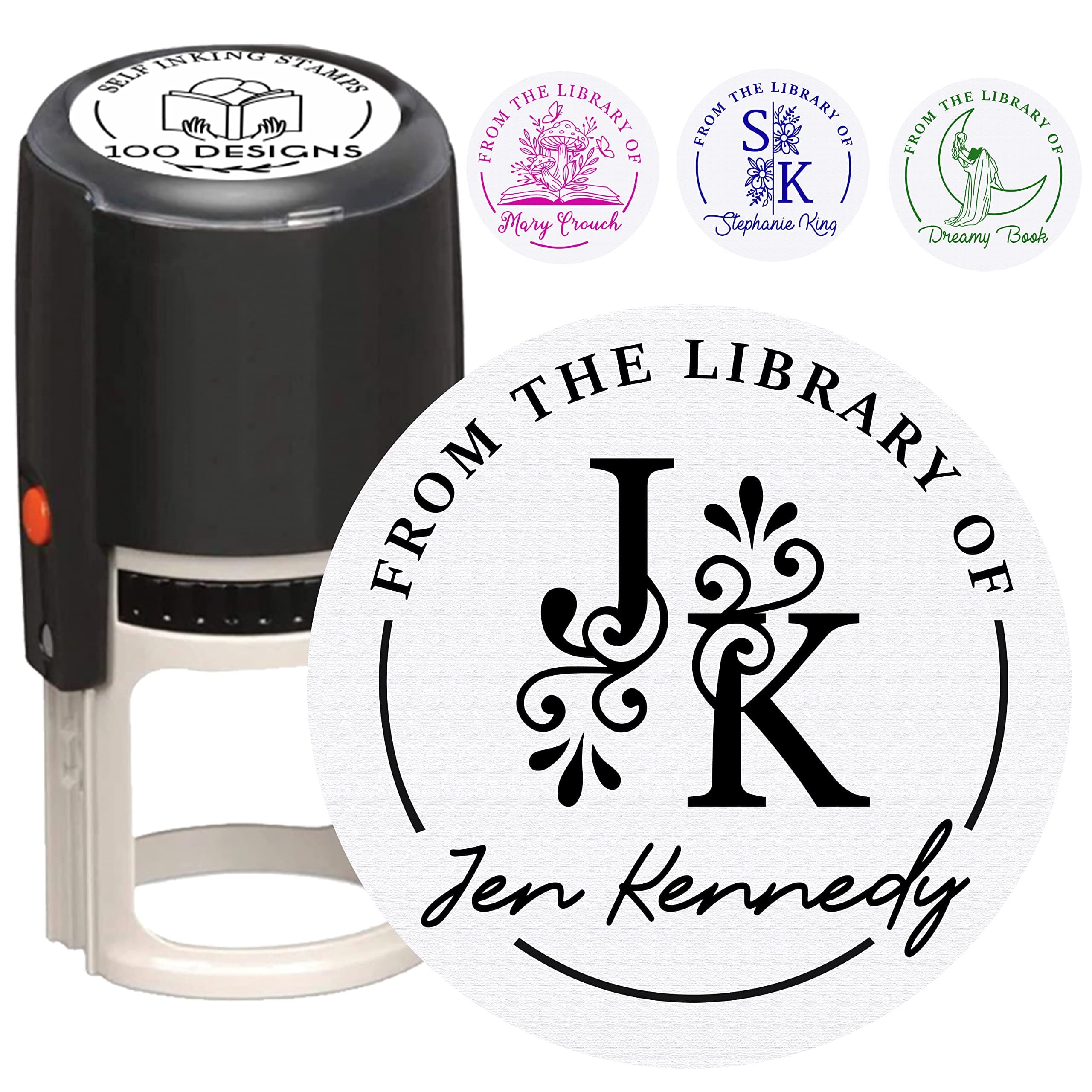 Beautiful Personalized Library Book Stamp with Ink. Reading on Moon with Stars, Flowers Growing Out of Books, Custom Monogram. Great Teacher Gift for The Classroom (1 5/8" Self Ink Stamper)