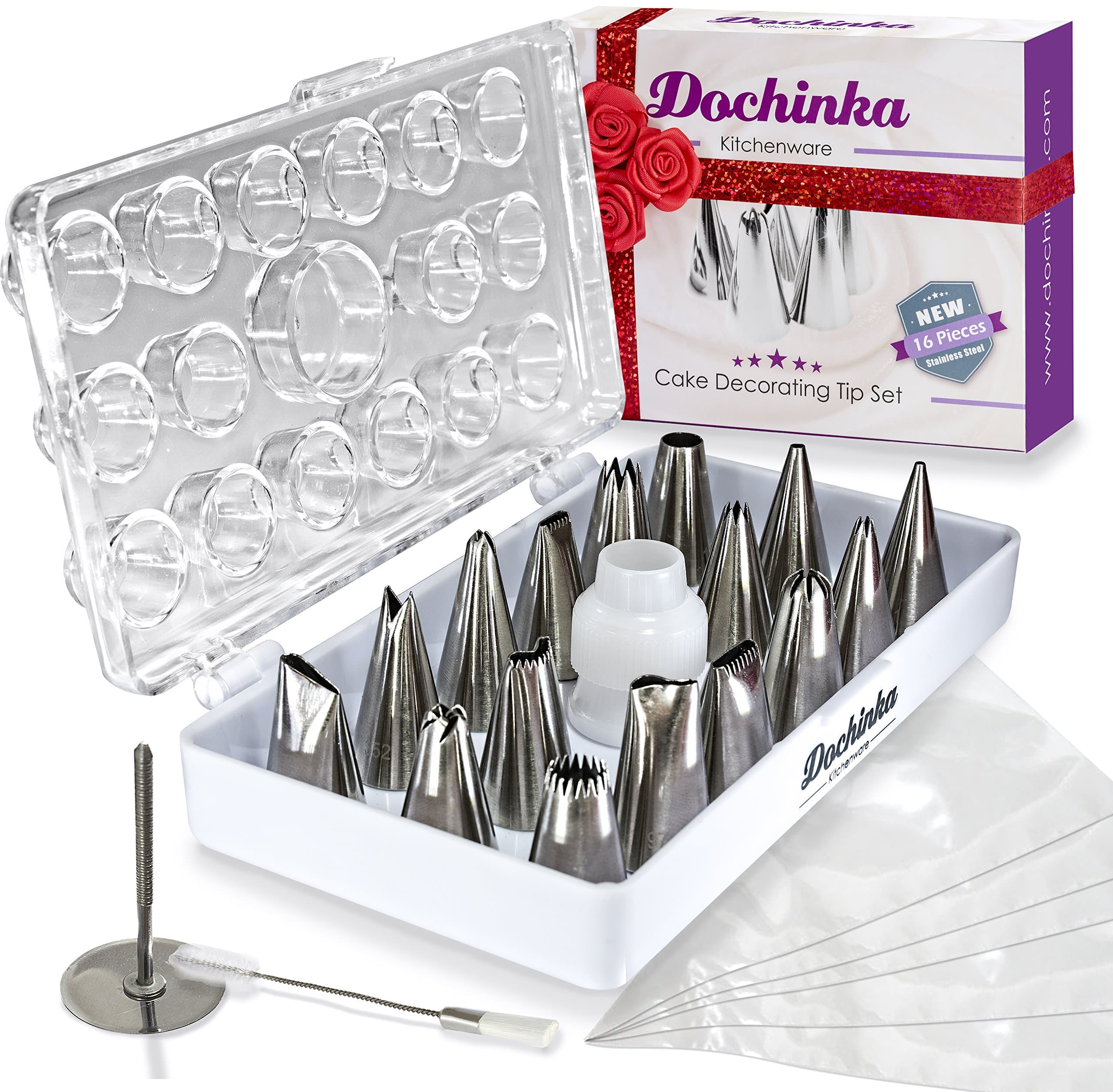 Cake Decorating Supplies Tip Set - Includes 16 Stainless Steel Nozzles, Reusable Coupler, Flower Nail, Cleaning Brush, 10 Piping Bags, Organizer and User Guide by Dochinka