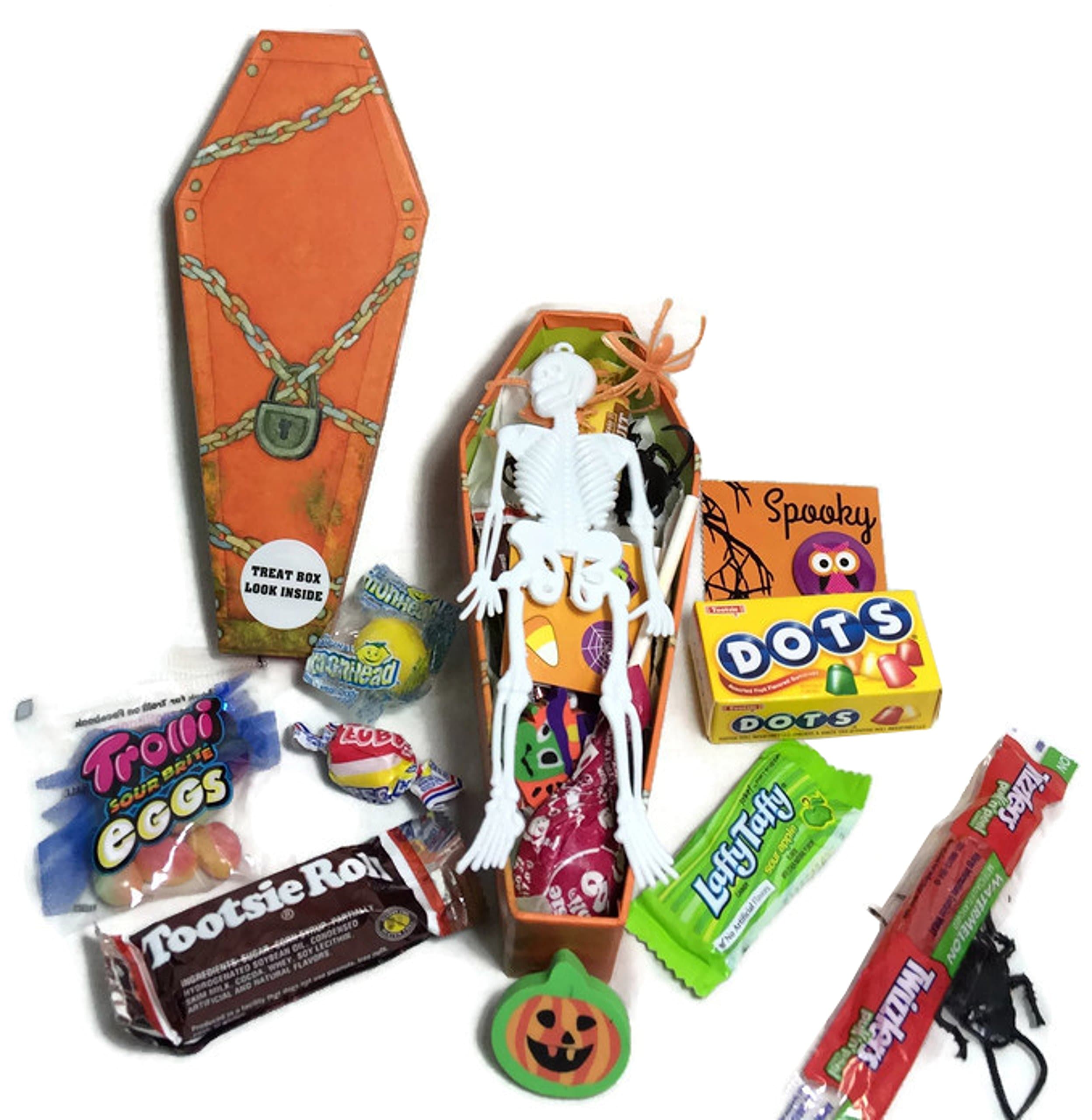Happy Halloween ~ Fun Coffin Shaped Treat Boxes ~ Filled with Fun Favors and Assorted Treats (4 oz)