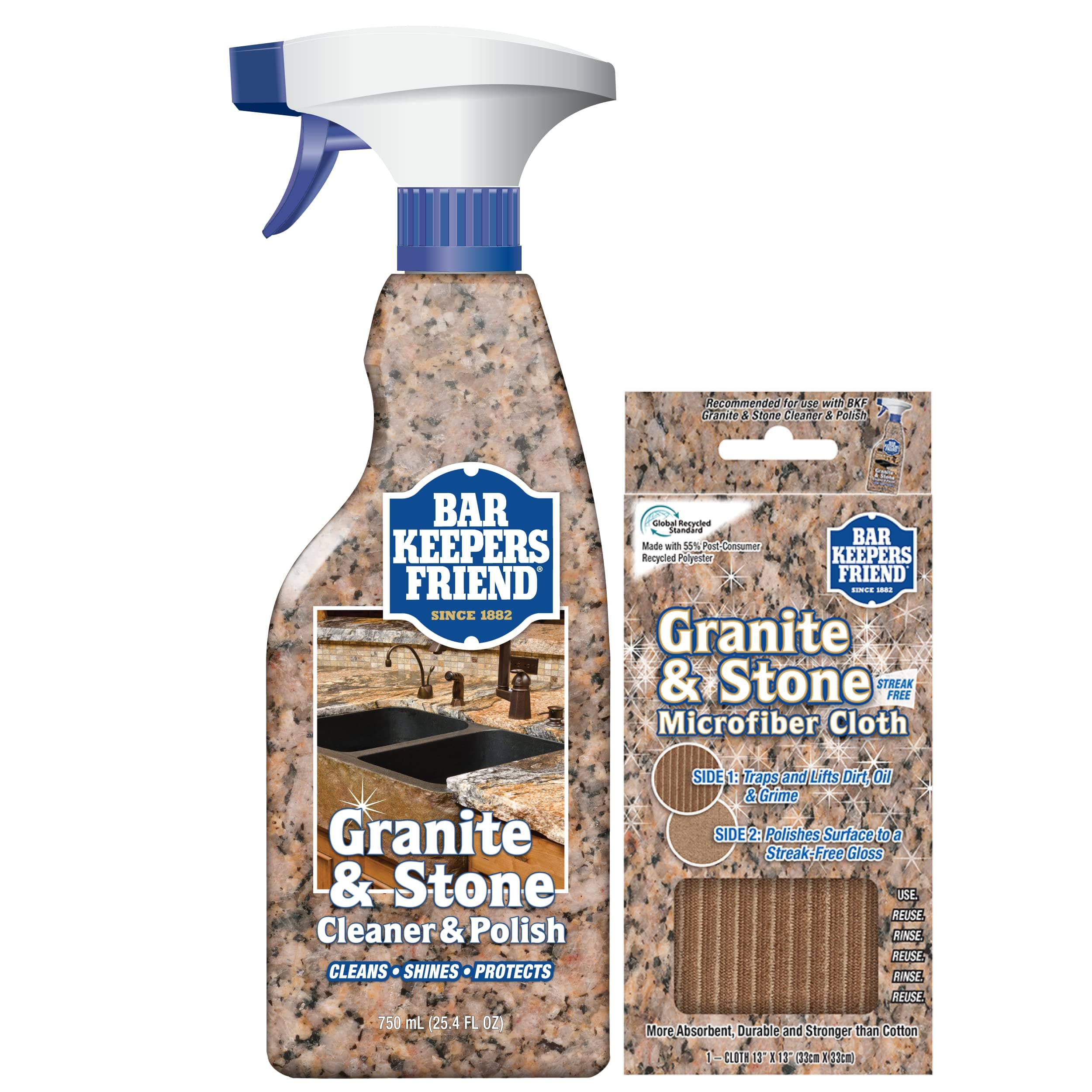Stone & Granite Cleaner and Polish (25.4 oz) Plus 1 Microfiber Cloth, 2pc Cleaning Kit, Multi Surface Cleaner for Use on Natural, Manufactured & Polished Stone Countertops