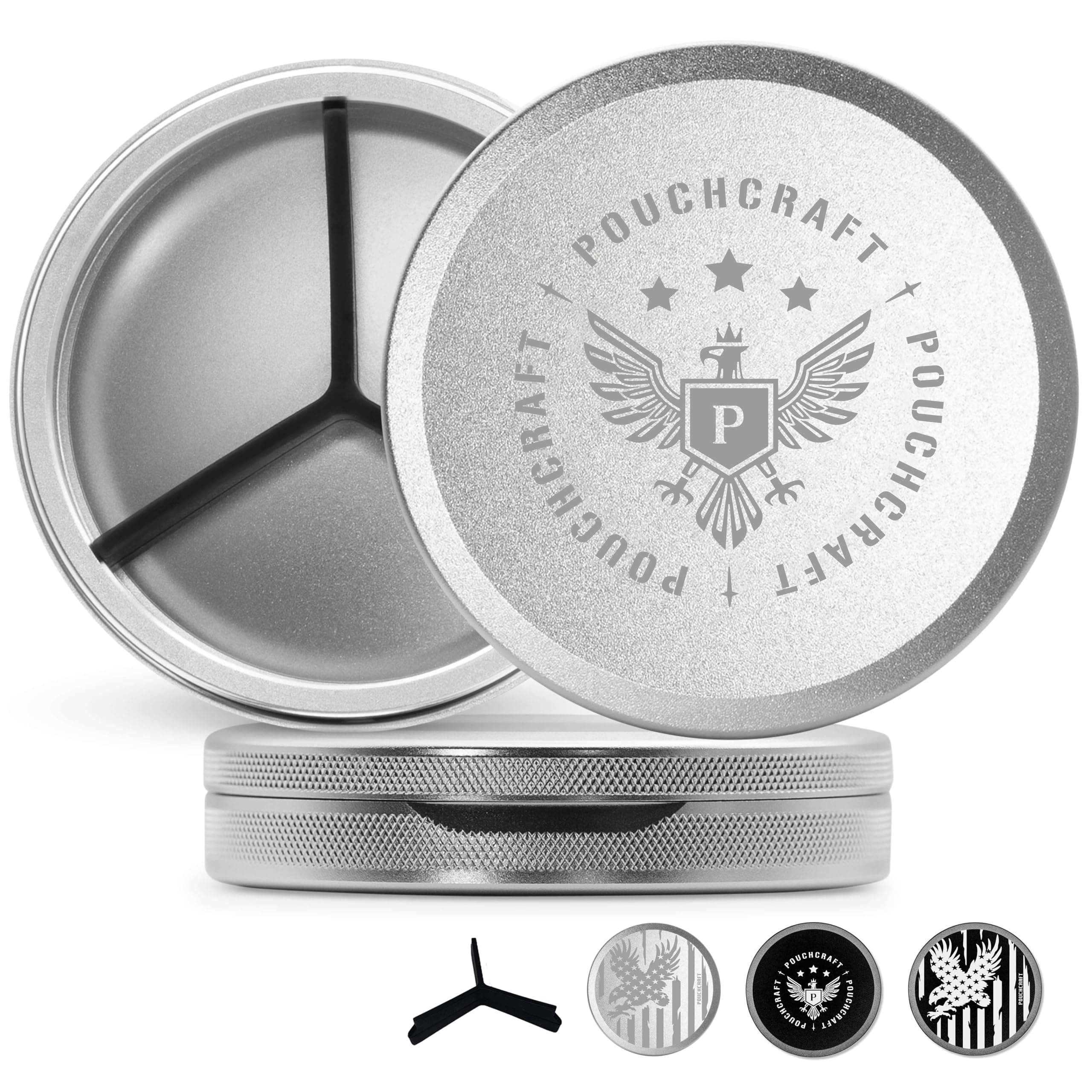 Metal Pouch Can | Aluminum Container for Pouches with Removable Silicone Divider | Airtight O-Ring Moisture Odor Proof EDC Pocket Tin | Insignia Edition (Tall, Silver)