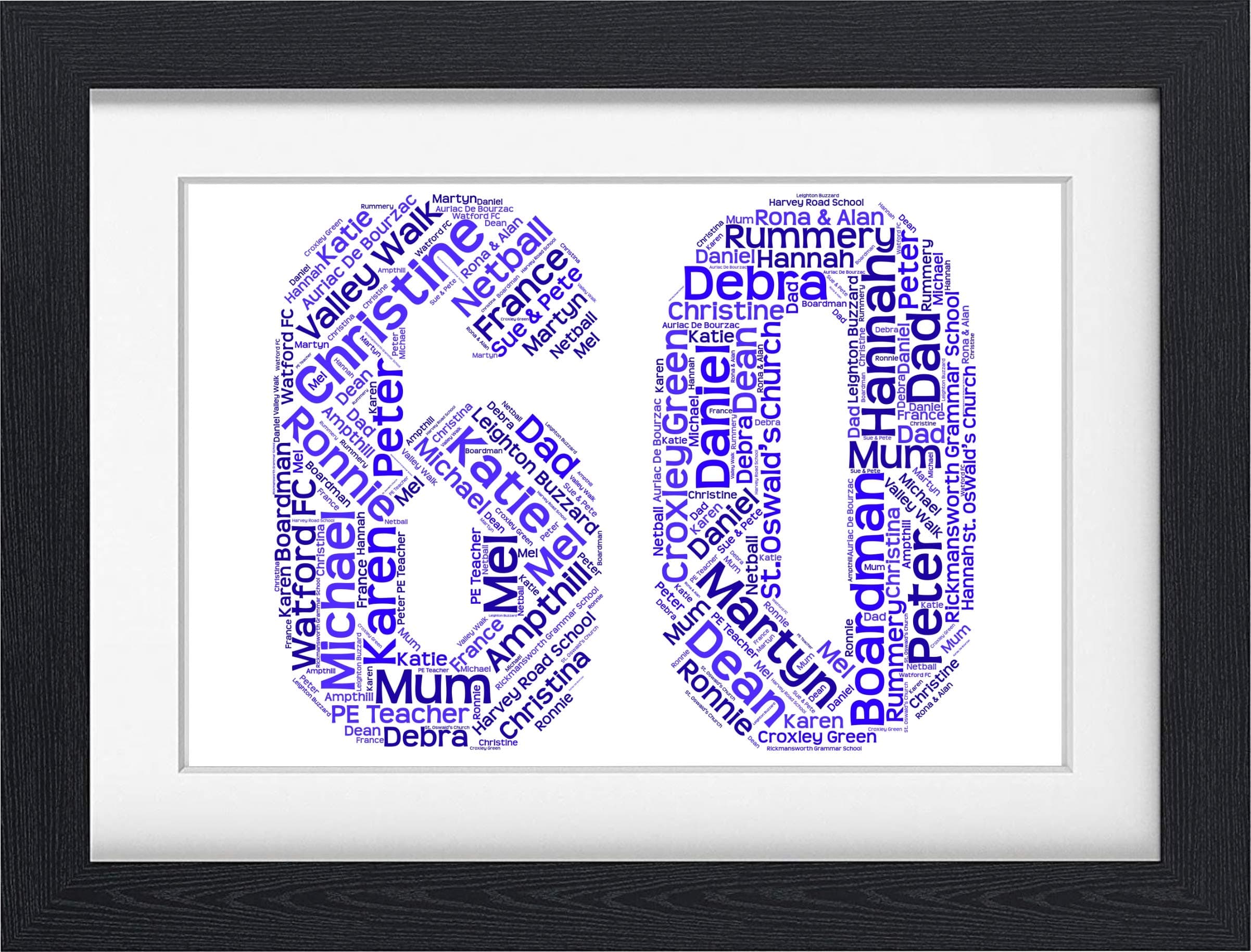 Personalised 60th Birthday Gift Present Word Art Print in Frame