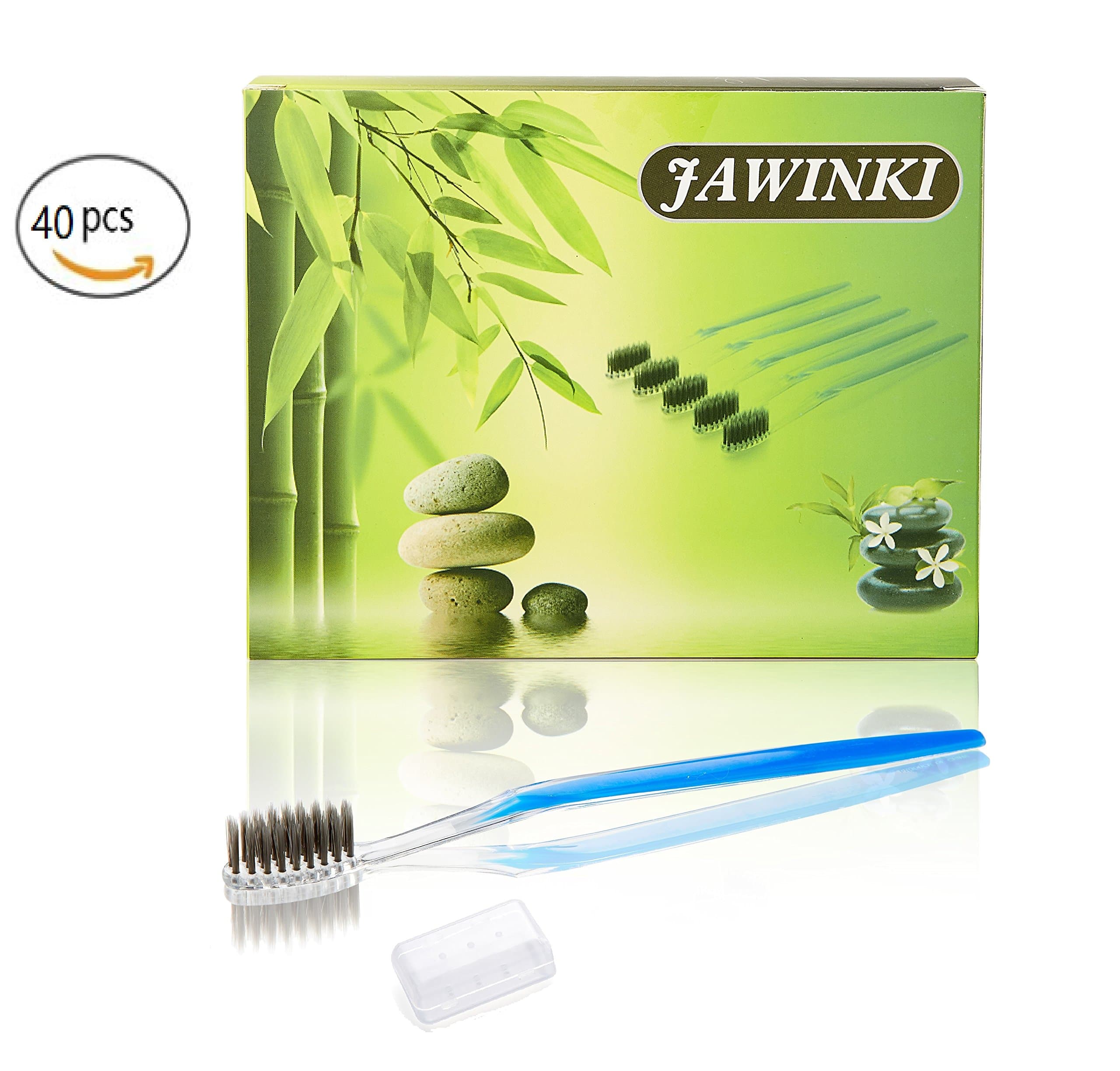 JAWINKI 40pcs Disposable Toothbrushes with Anti-Bacterial Covers, Soft Black Charcoal Bristles, Individually Wrapped, for Travel, Guests, Hotel and Camping