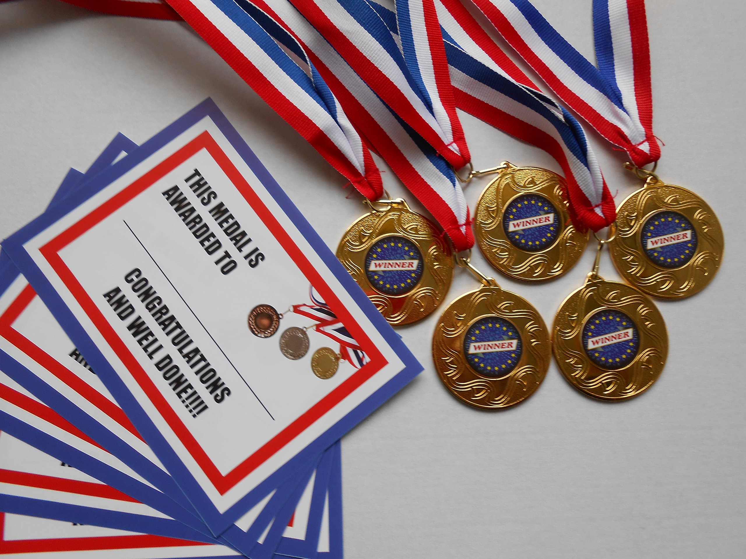 DWL WINNER MEDALS set of 5 WITH RIBBON AND CERTIFICATE - 50MM METAL - CHOOSE FROM GOLD SILVER OR BRONZE