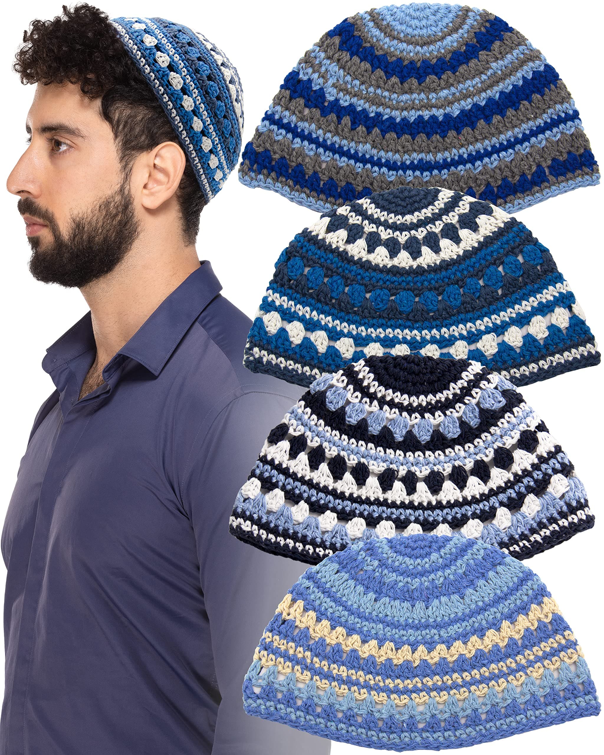 HolYudaica Pack of 4-Pcs - Hq 23cm/Large Size Mix Colors Handmade Frik Kippah for Men Boys and Kids, Yamaka Hat from Israel - Kippot Bulk (Mix 3)