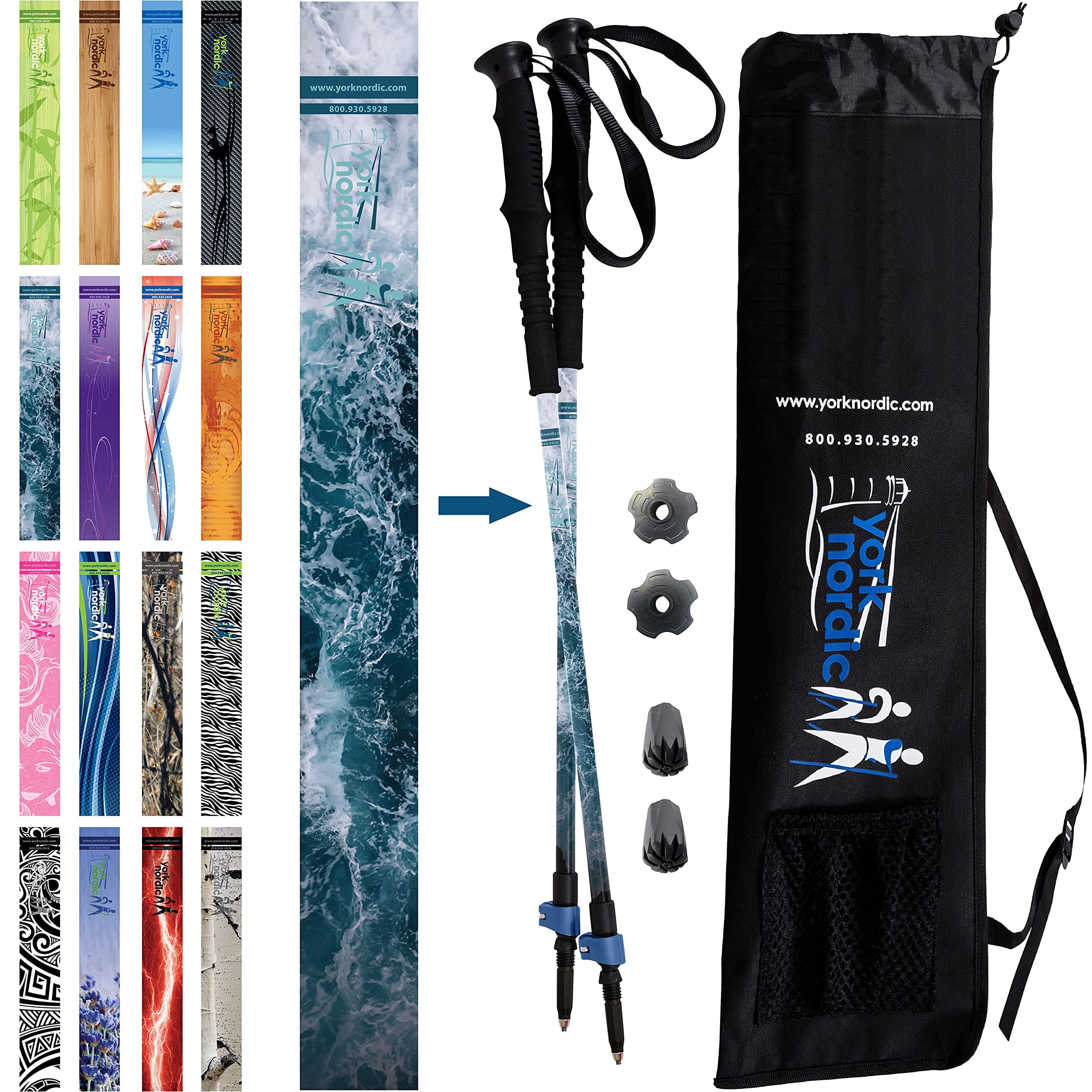 York Nordic Hiking & Walking Poles - Cushion Foam Grips w/Nordic Strap - Lightweight, Adjustable, and Great for Balance -2 Pieces w/Flip Locks, and Travel Bag - Heights 5'4"-6'2"