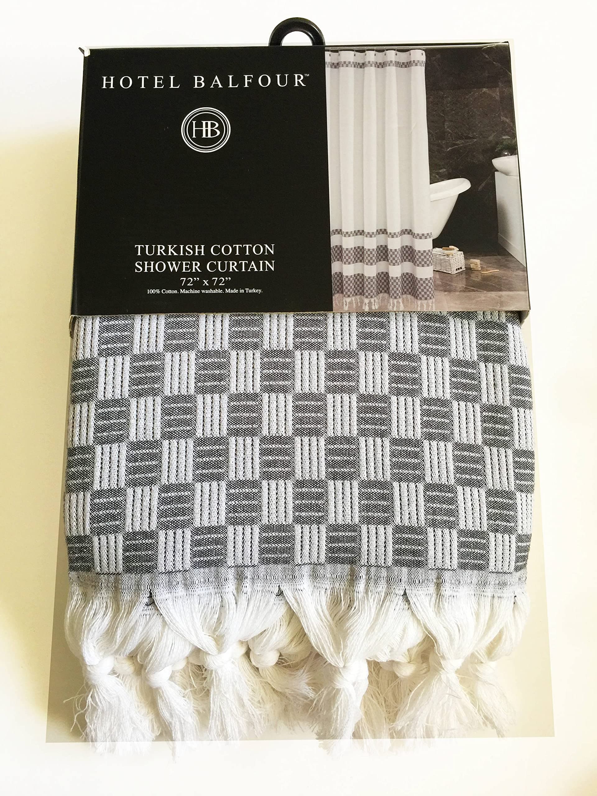 Premium Quality Fabric Shower Curtain Luxury Turkey Modern Home Bathroom Decor Bathtub Privacy Screen Fringe at Bottom 100% Cotton 72" x 72" (Checkered White & Gray)