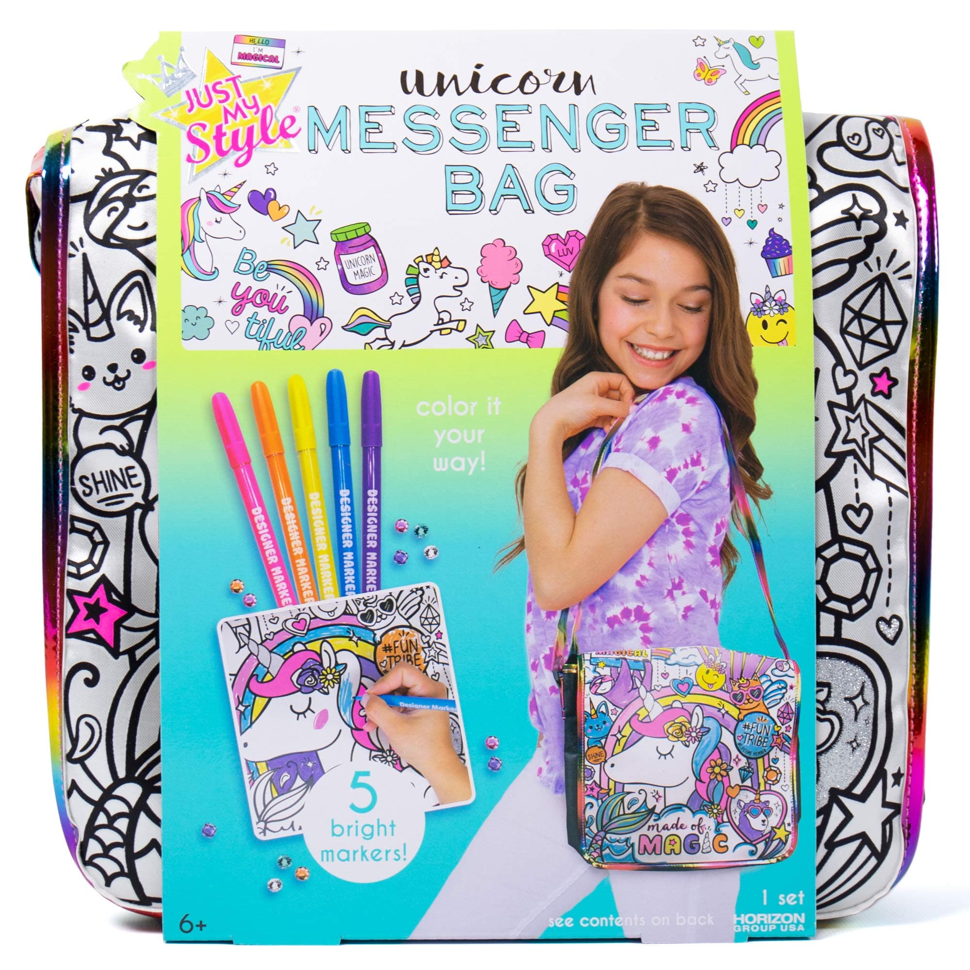 Just My Style Color Your Own Unicorn, Personalized Doodle Messenger Bag with Adjustable Strap, Great for School & Errands, Gift Ideas for Girls, Crafts Activity for Kids Ages 6, 7, 8, 9