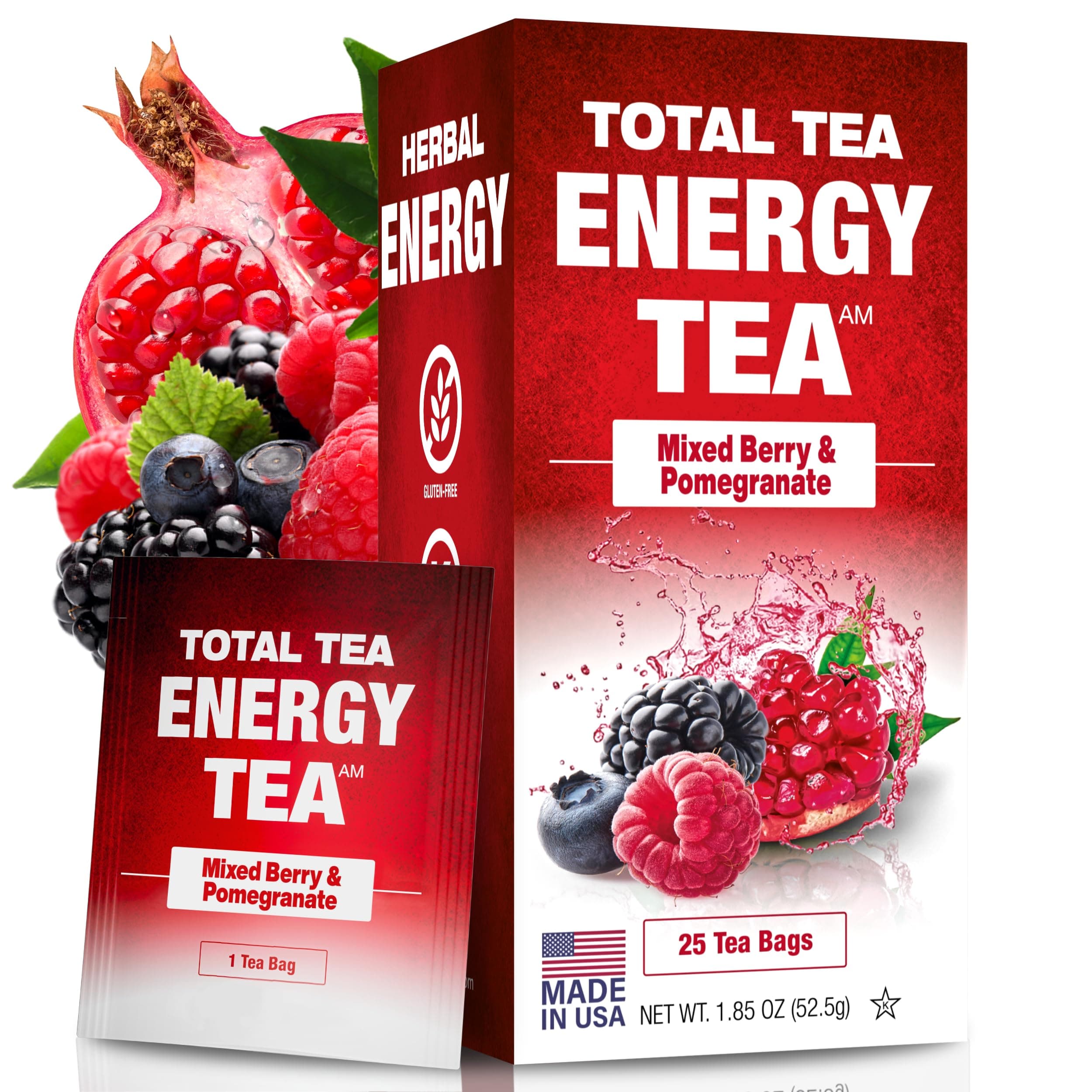 Total Tea Energy Tea Bags with Caffeine - 100% Natural Caffeine Tea Mixed Berry Flavored Green Tea with Antioxidant Rich Guayusa, Ginseng Root and Cinnamon Bark Promotes Focus, Concentration and Stamina (25 Tea Bags)