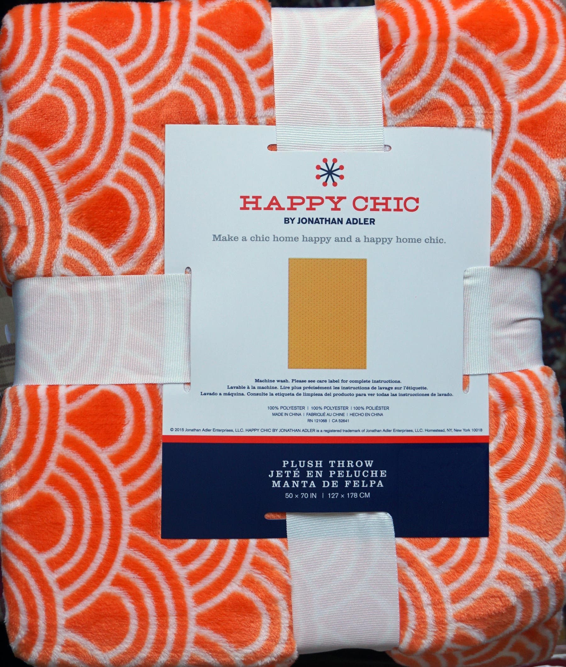 Jonathan Adler Happy Chic Decorative Plush Throw Blanket White Fan Pattern Geometric Lines on Orange