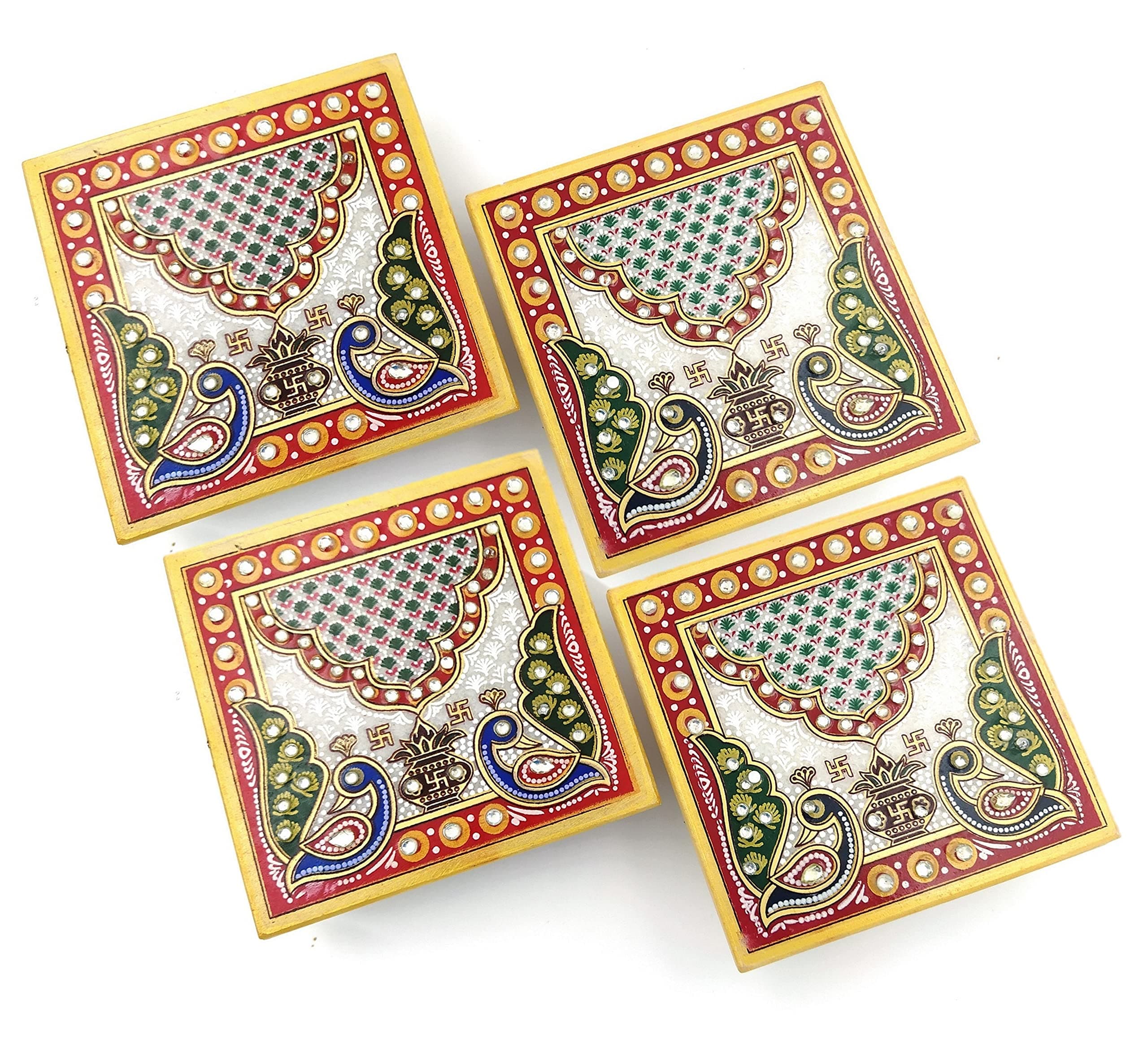 Mander Mini Marble Pooja Chowki For God Mandir Aasan |Handcrafted Peacock Design Square Shaped Marble Puja Chowki For God, Idols And Home Decor (Size: 4" X 4" Inch,Set of 4), Multi Colour