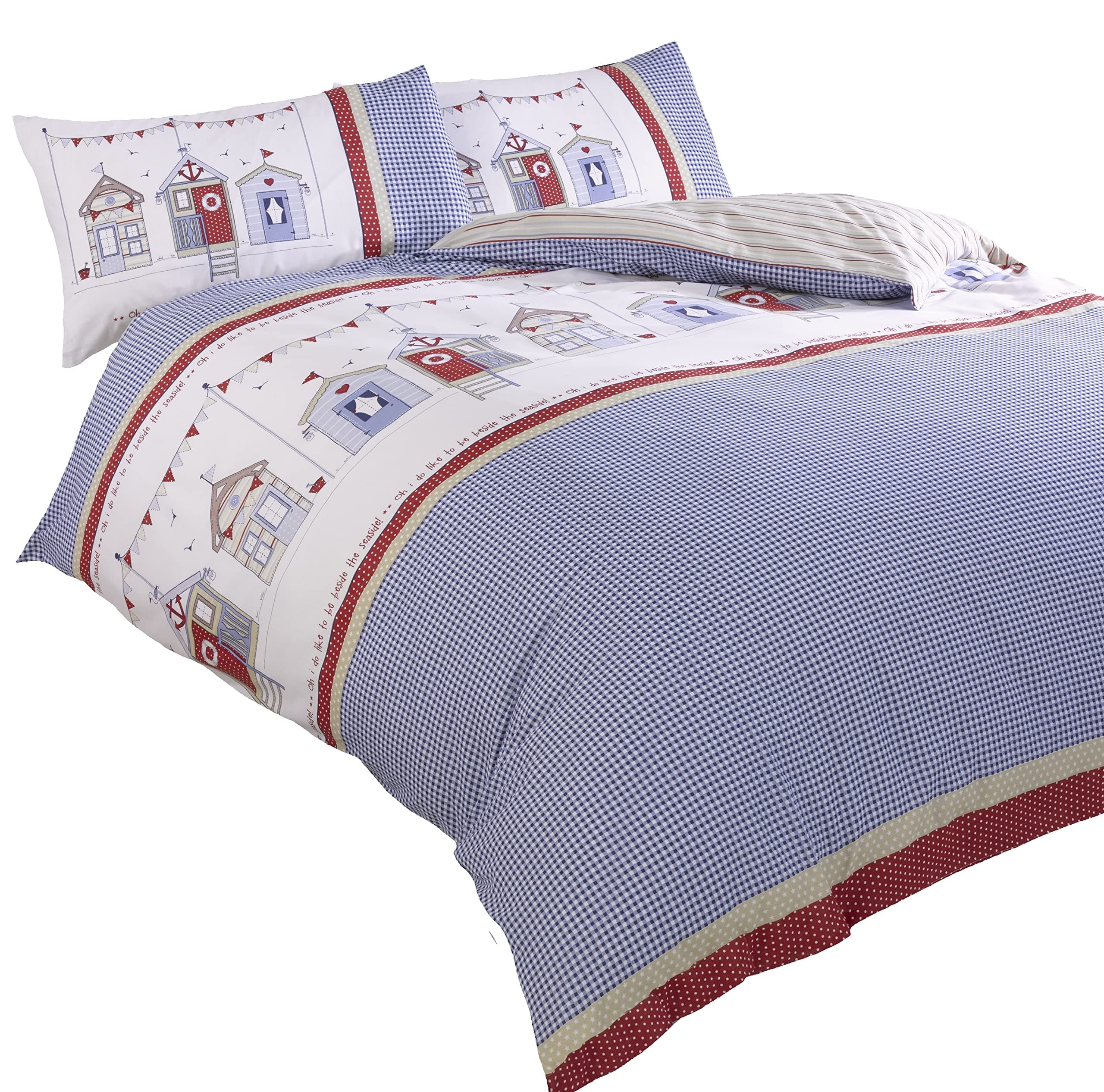 Rapport Home Double Duvet Cover Set Summer Seaside Beach Huts, Blue