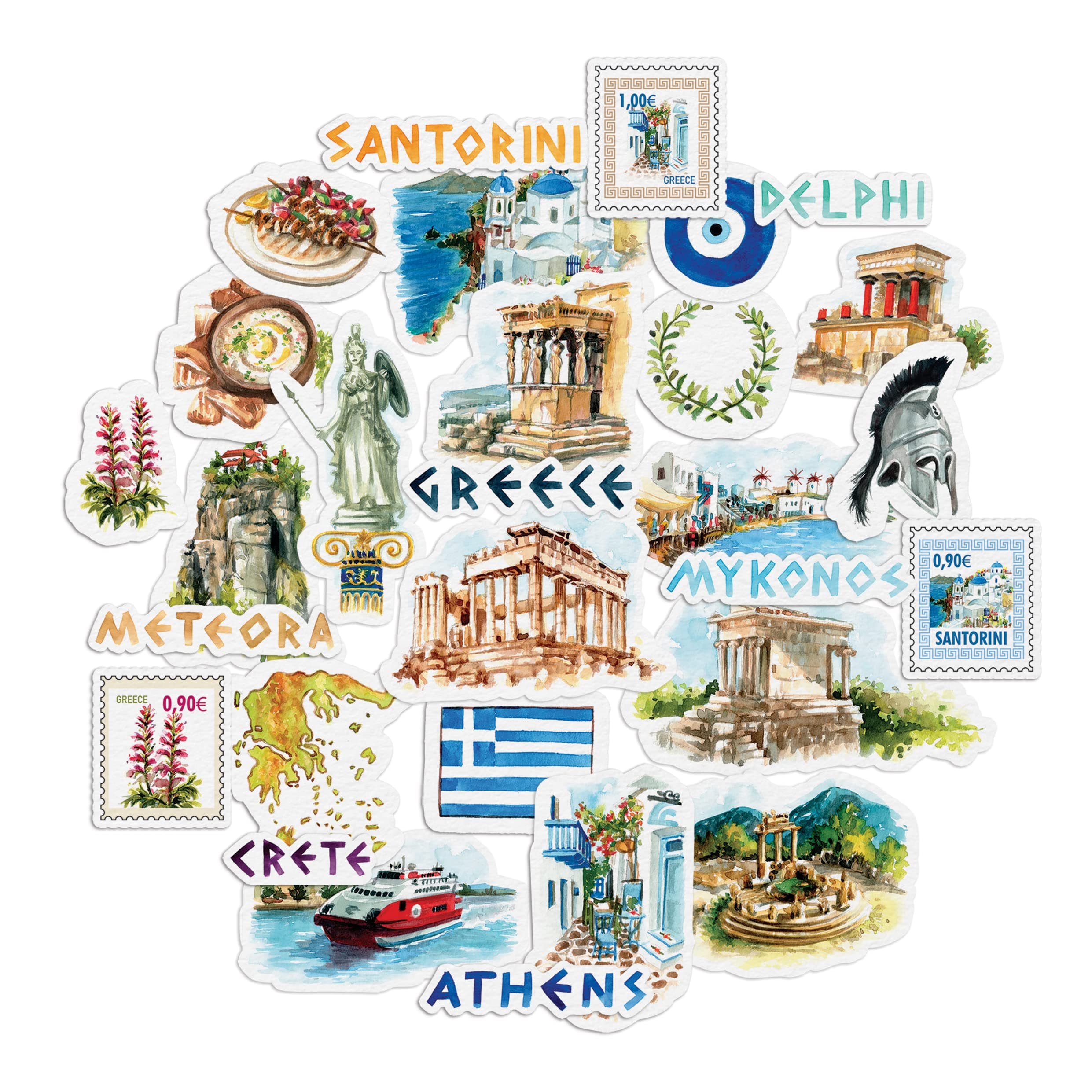 Navy Peony Idyllic Greece Travel Stickers (29 Pieces) - Watercolor, Waterproof, Country Themed | Iconic Vacation Decals for Journals, Scrapbooks, Water Bottles, Suitcase