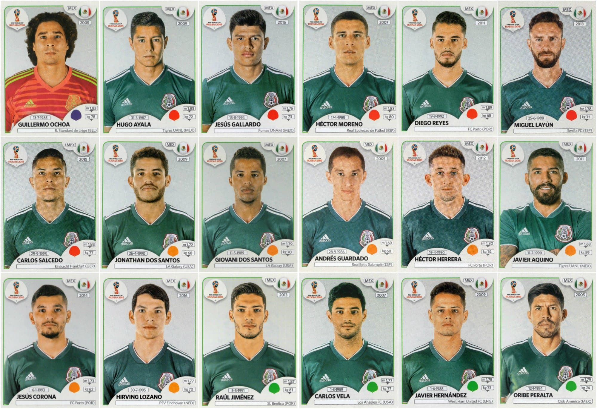World Cup 2018 Stickers - 18 Mexico Stickers - Team Set - Players ONLY #454 - #471