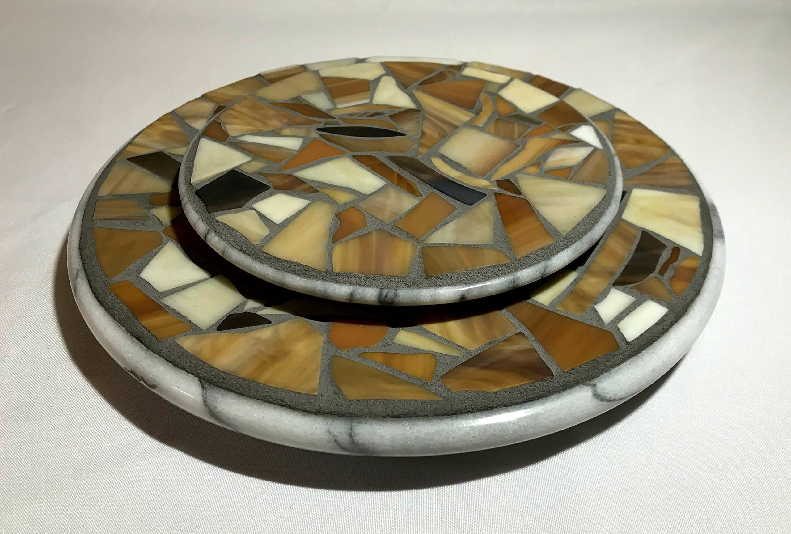 "Beach Glass" Stained Glass Mosaic Marble 12 Inch Lazy Susan and Trivet Set