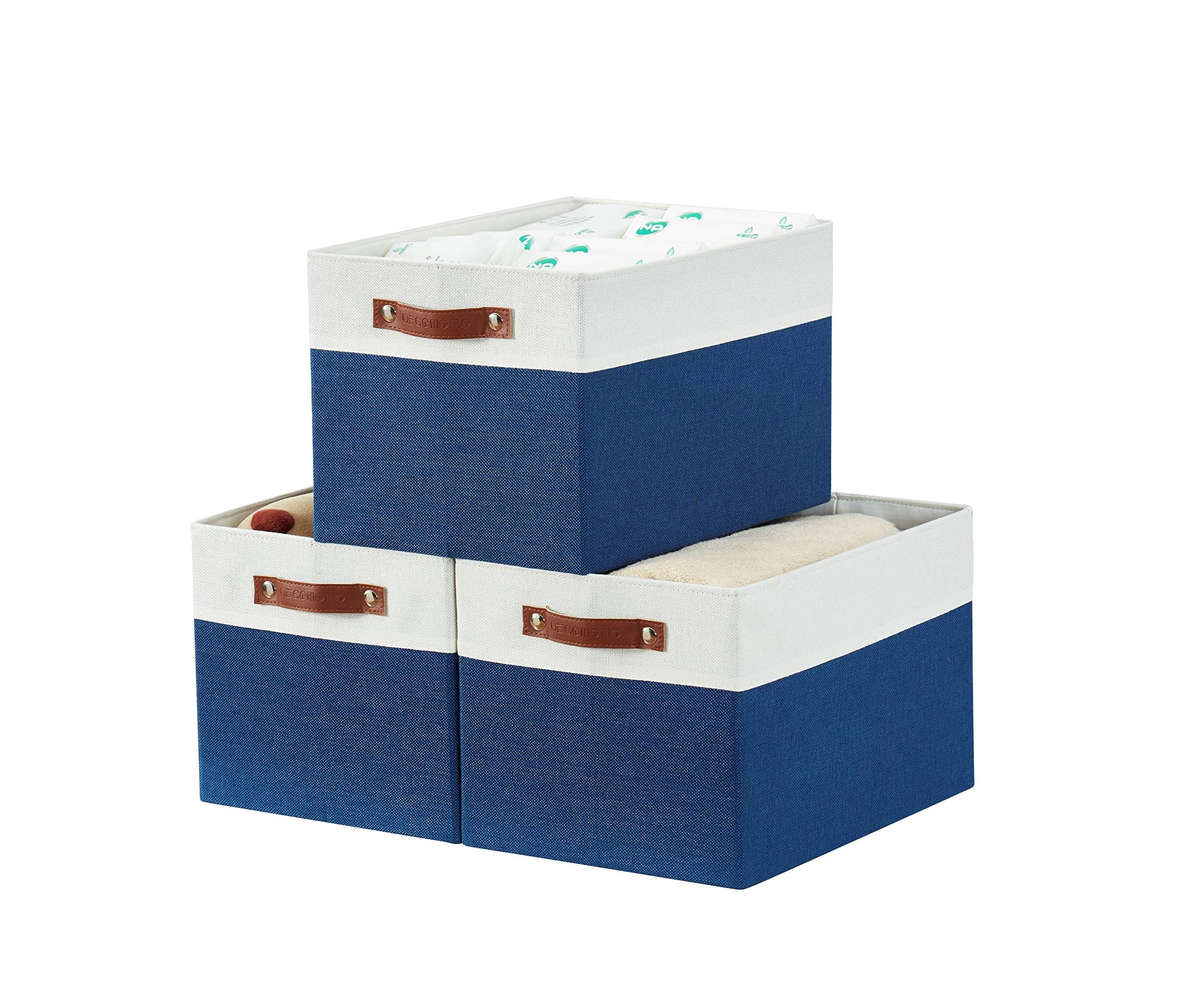 DECOMOMO Baskets for Organizing Large Storage Bins 3 Pack Storage Basket Closet Organizer Bins Baskets for Shelves Nursery Toy Bedroom Living Room Office (Navy Blue & White)