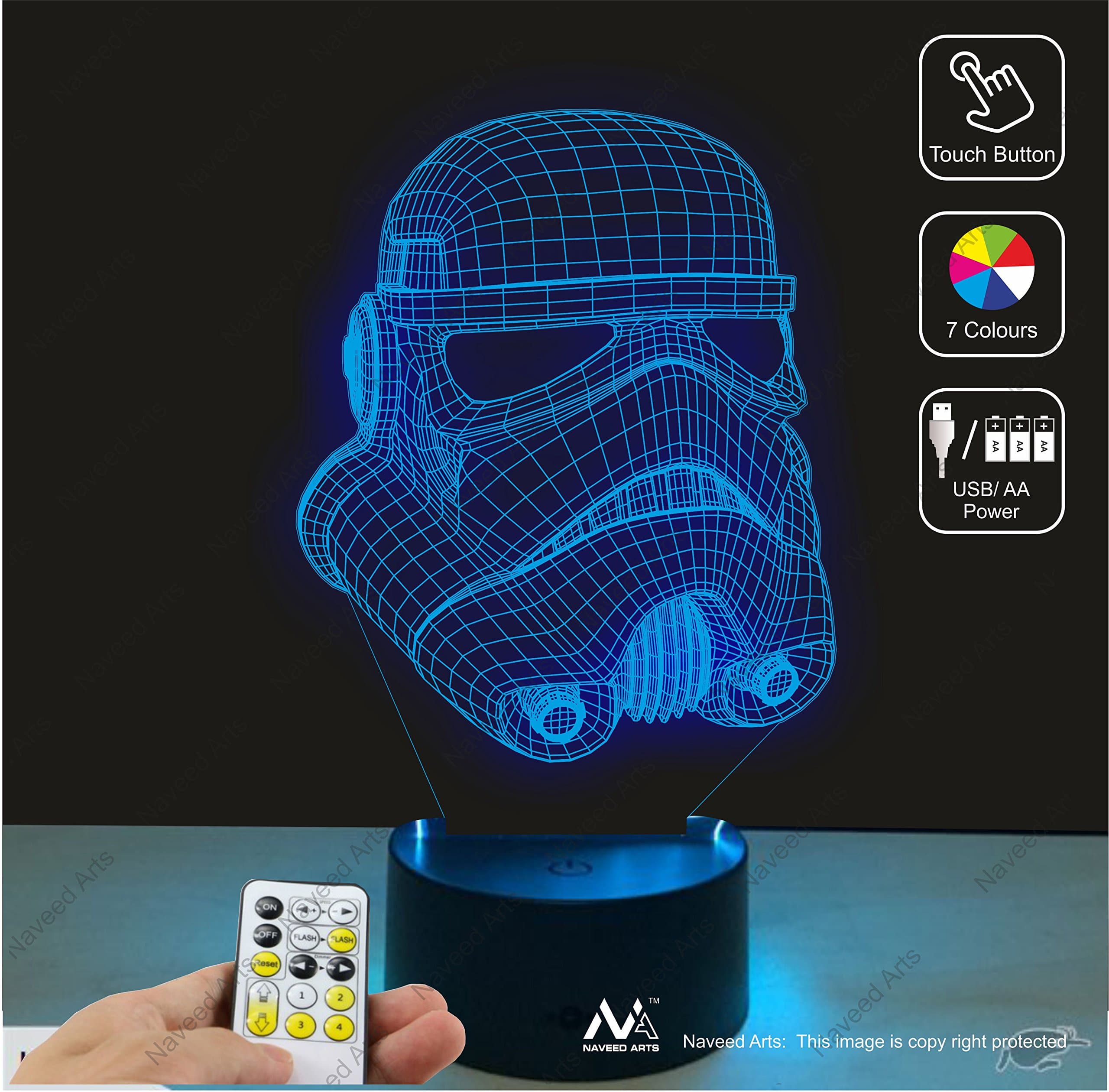 Naveed Arts TL049 3D Illusion LED Lamp, Red, Blue, Green, Yellow, Cyan, White, Pink, Tropper Helmet