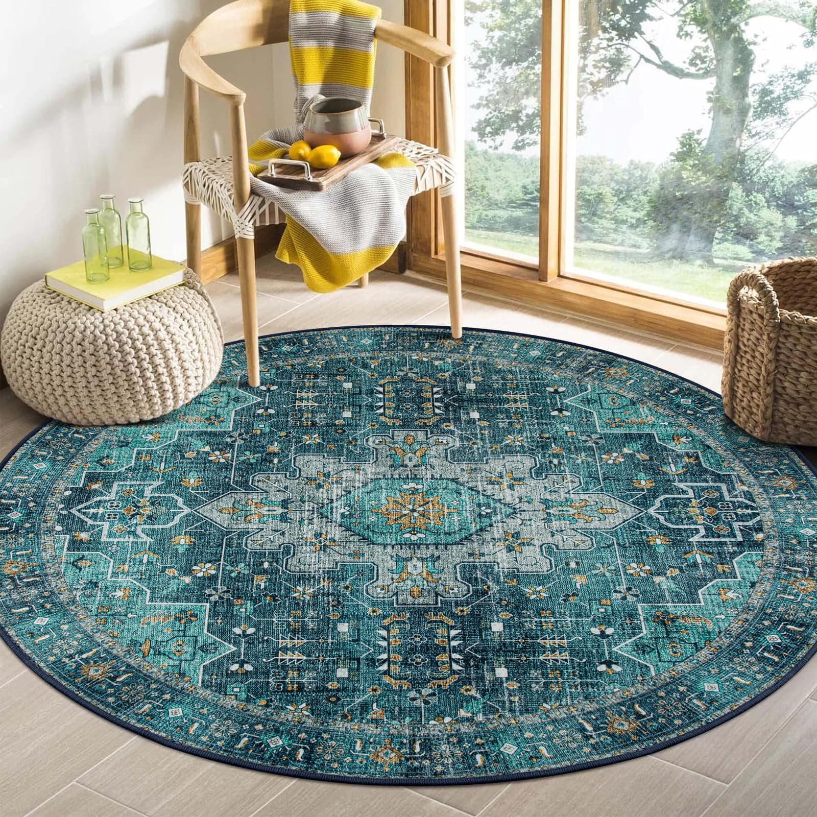 Moynesa Ultra-Thin, Washable Round Rug, Oriental Circle, for Bedroom, Entrance Area, Blue-Green, Vintage, Non-Slip, Lint-Free, Low-Pile Rug for Living Room, Coffee Table, Kitchen