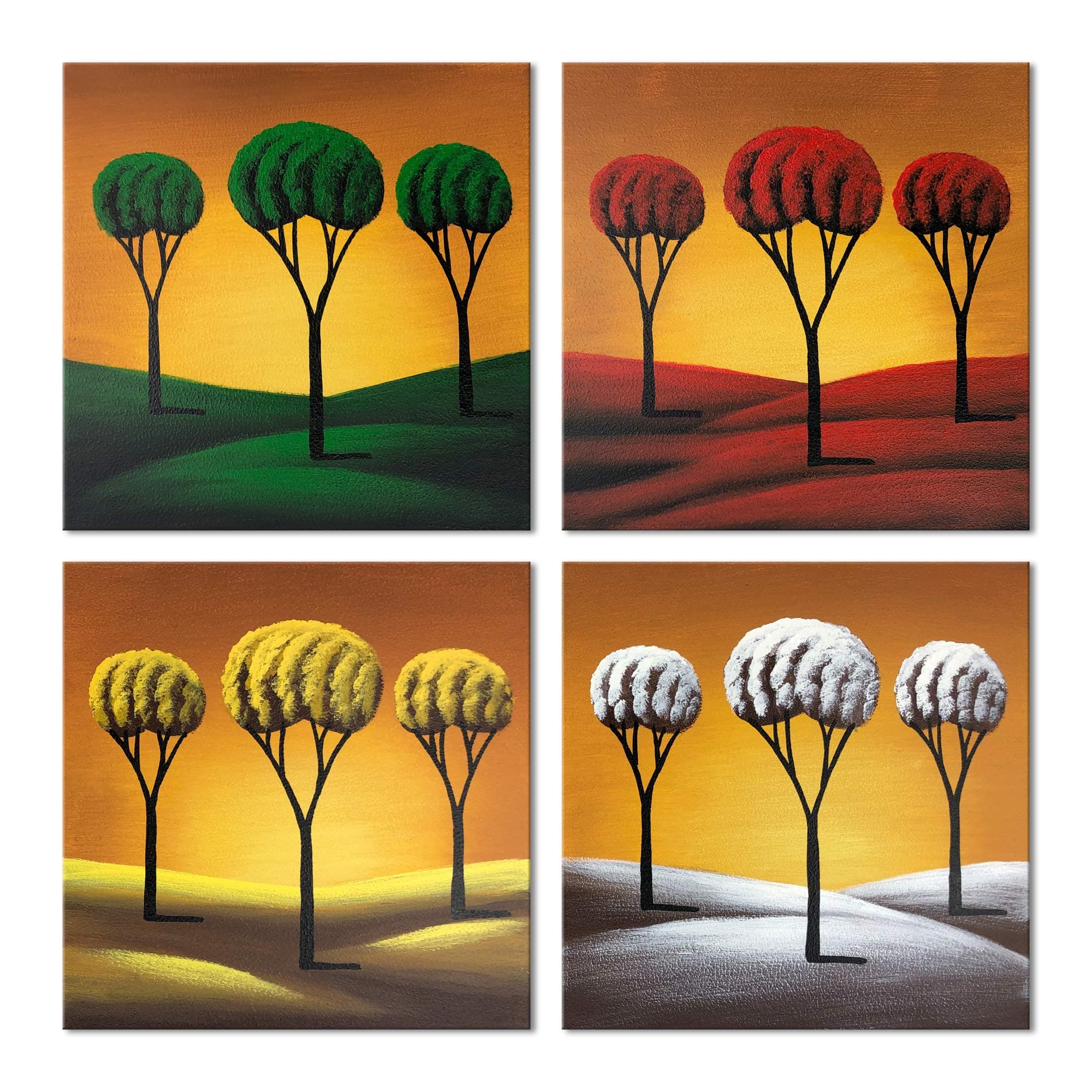 Wieco Art Modern 4 Piece Four Change Seasons Tree in Gold 100% Hand Painted Wrapped Abstract Flowers Artwork Floral Oil Paintings on Canvas Wall Art for Living Room Bedroom Home Decorations