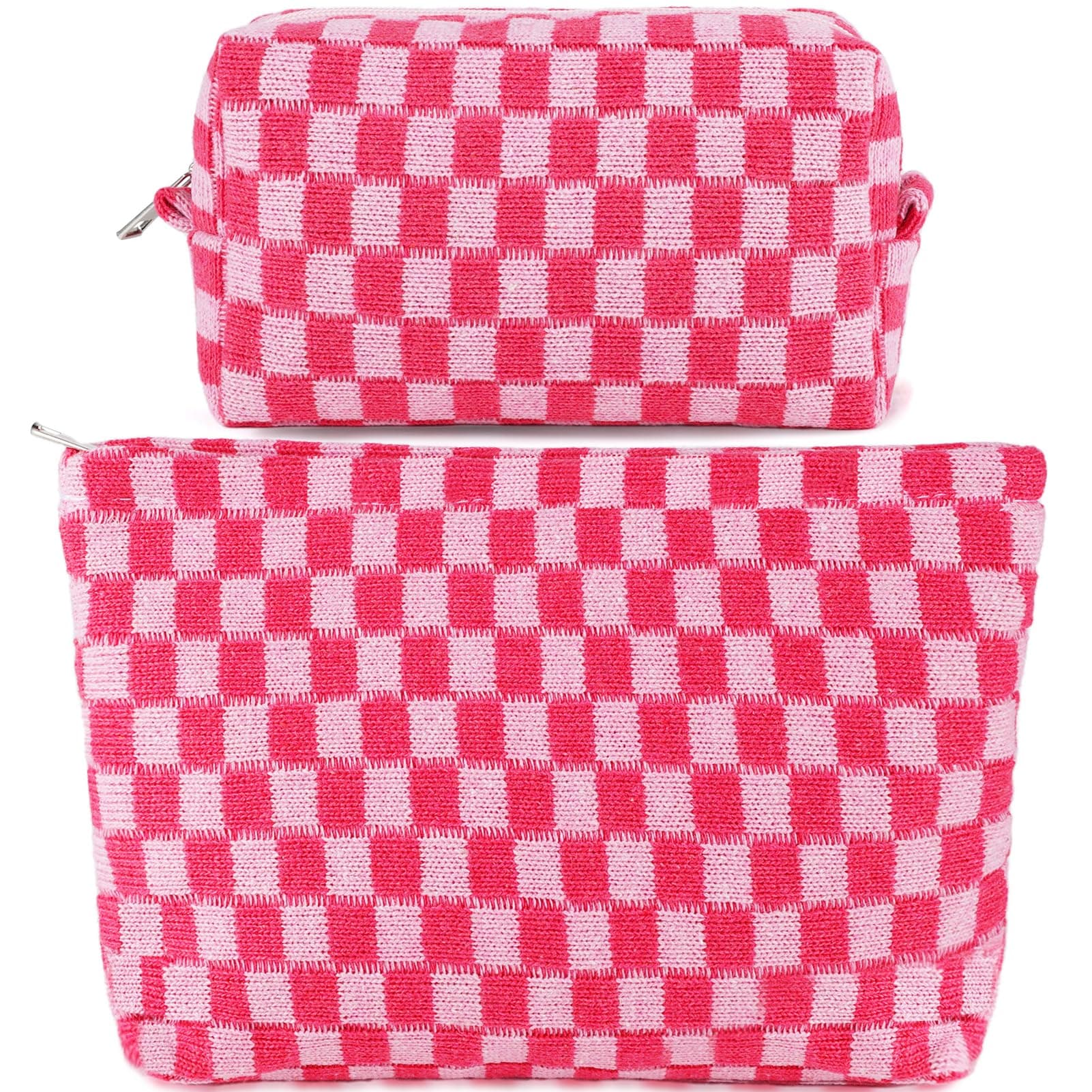 ZLFSRQ 2Pcs Makeup Bag Checkered Cosmetic Bag Set Travel Toiletry Bags for Purse Large Small Makeup Pouch for Women Cute Preppy Pencil Pouch Case Pink Zipper Skincare Bags