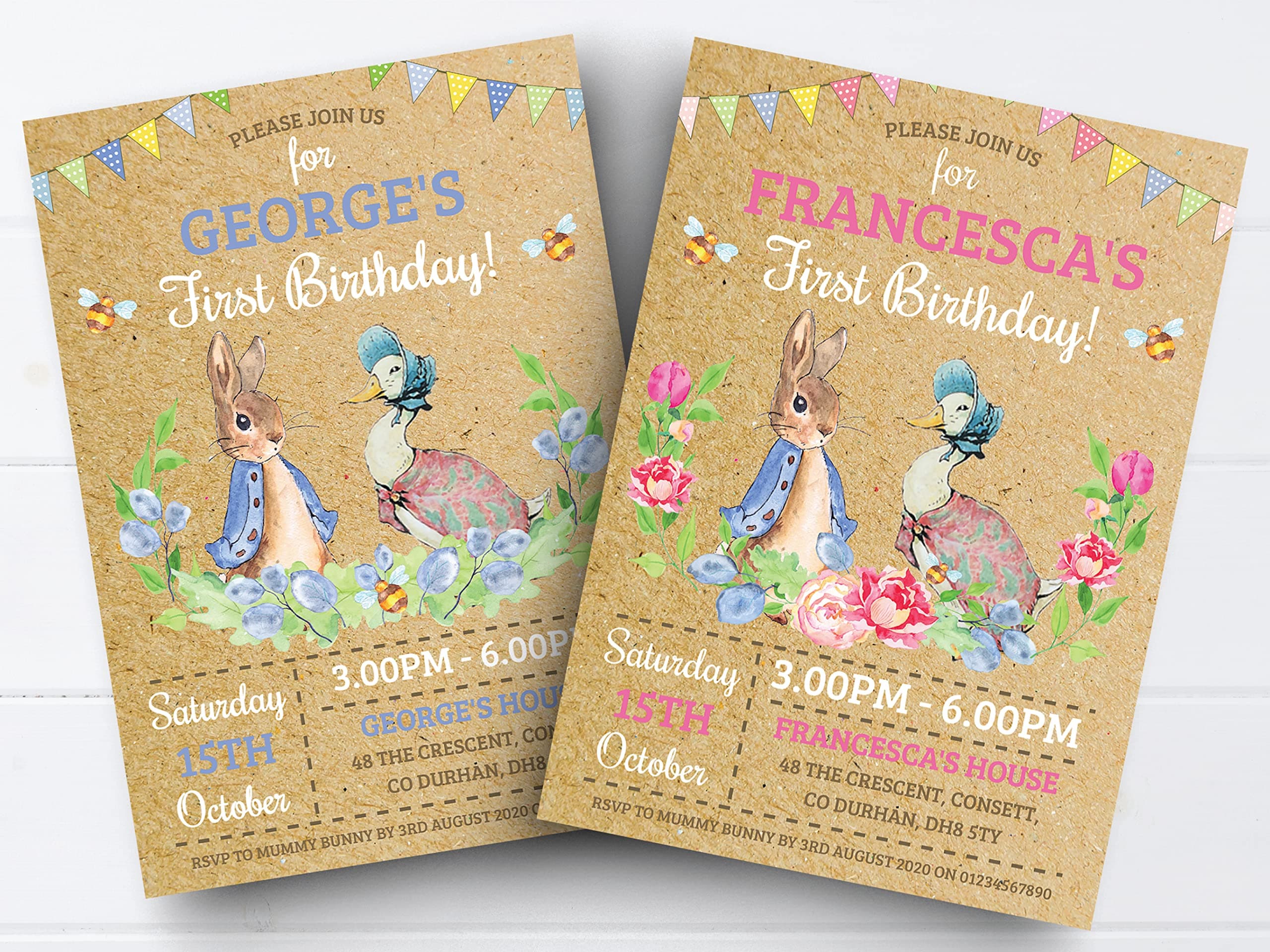 10 Personalised Peter Rabbit Kids Boy Girl 1st First Birthday Party Invitations Invites