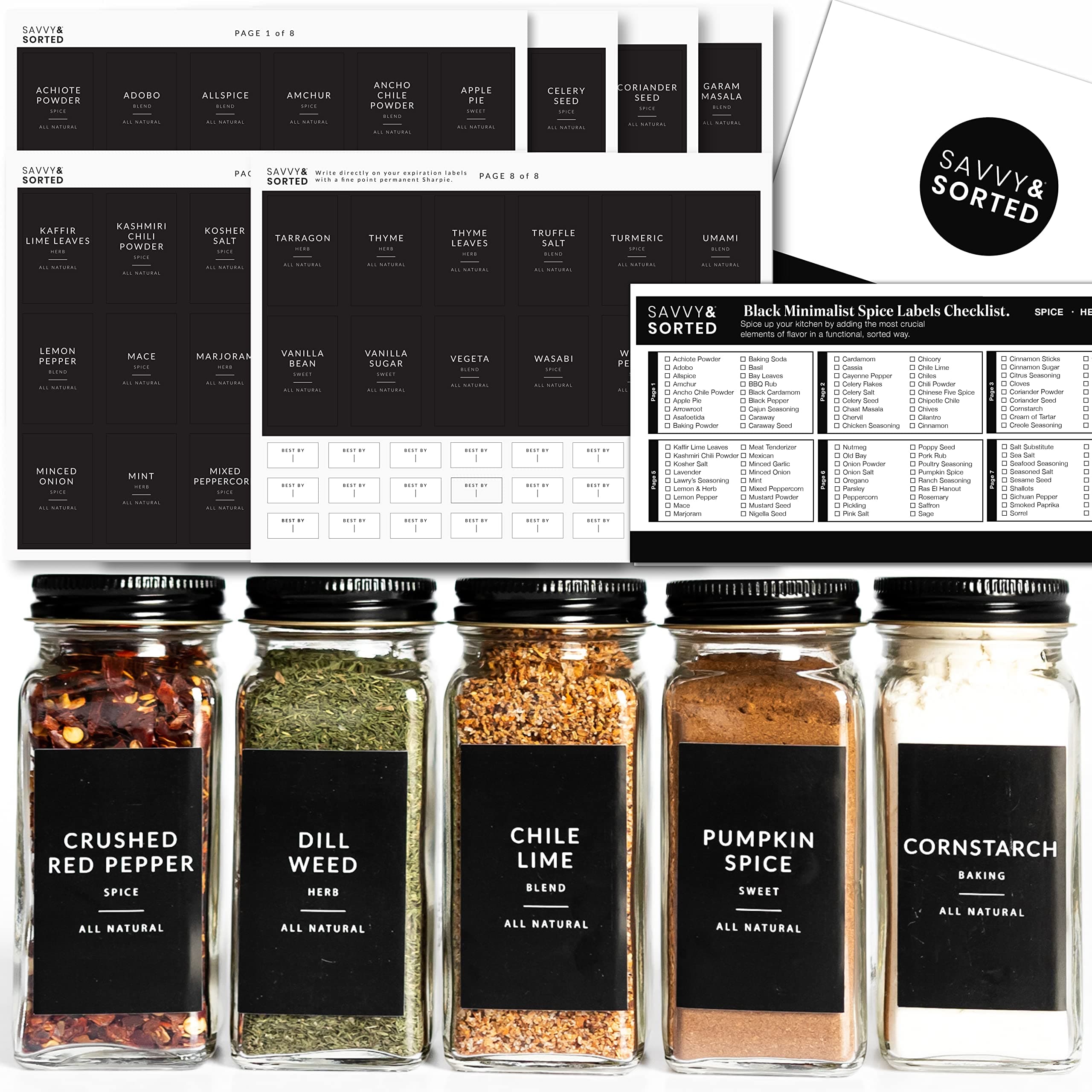 Black Spice Labels for Glass Jars, 148 Spice Jar Labels Stickers Preprinted Waterproof, Rectangle Herb Seasoning Stickers Containers Kitchen Pantry Organization