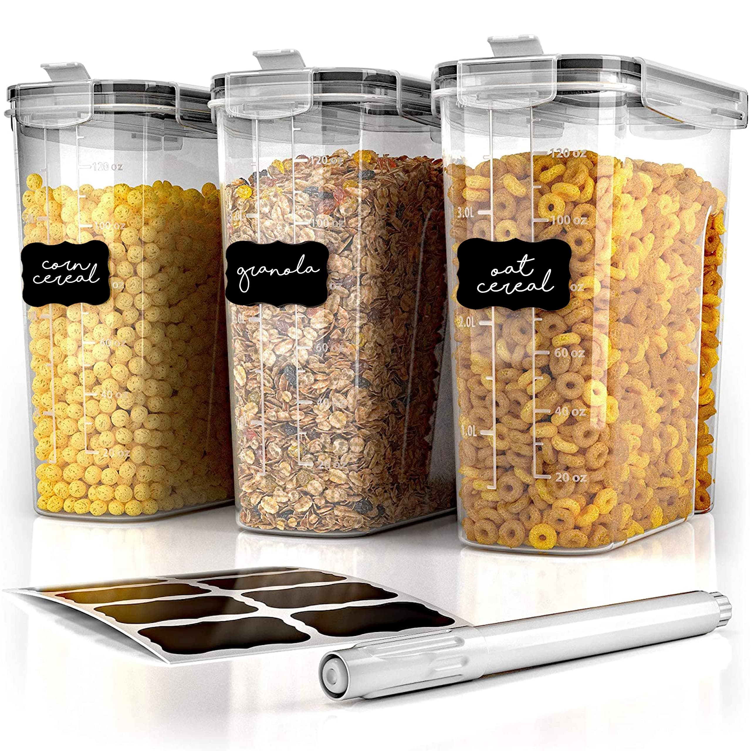 Cereal Containers Storage Set - 3 Airtight Dry Food Bins with Lids for Kitchen Pantry
