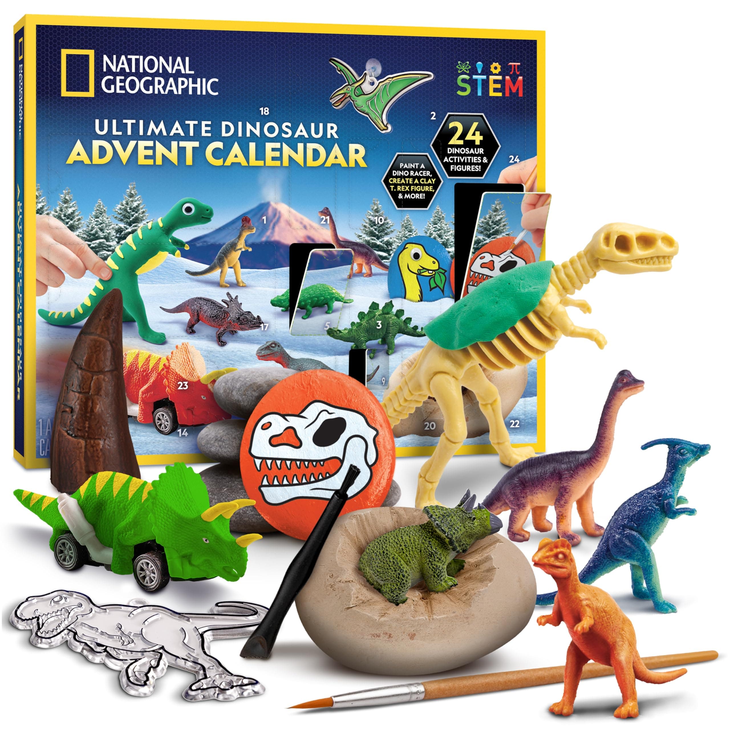 Blue Marble NATIONAL GEOGRAPHIC Dinosaur Advent Calendar 2024 - Christmas Countdown Calendar with 24 Different Dinosaur Activities and Figures, Paint Dinosaurs, Create Clay T. Rex, and Dinosaur Tooth