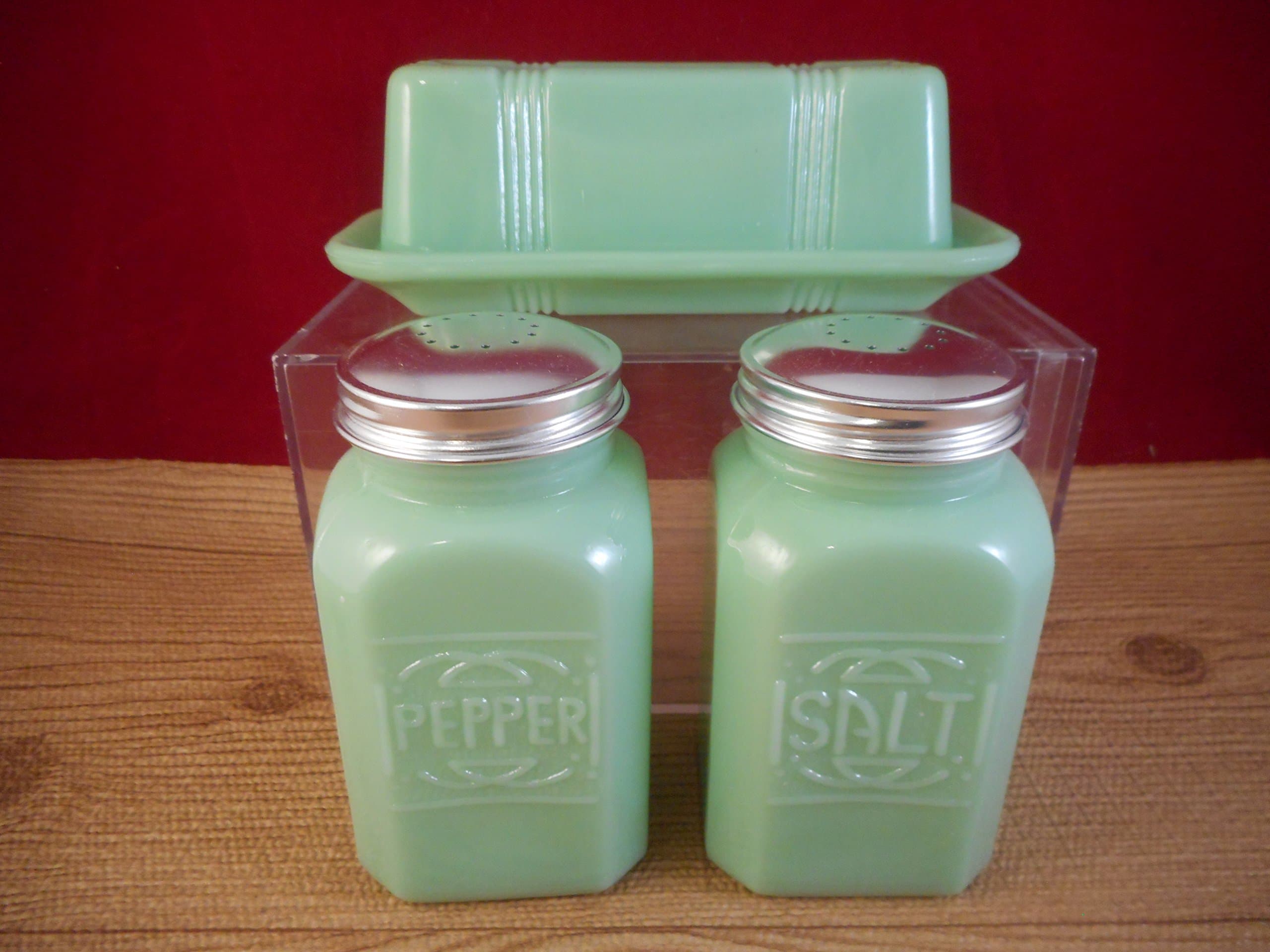 New JADE Jadeite 3 Piece Depression Style Milk Glass Butter Dish Salt Pepper Shaker Set
