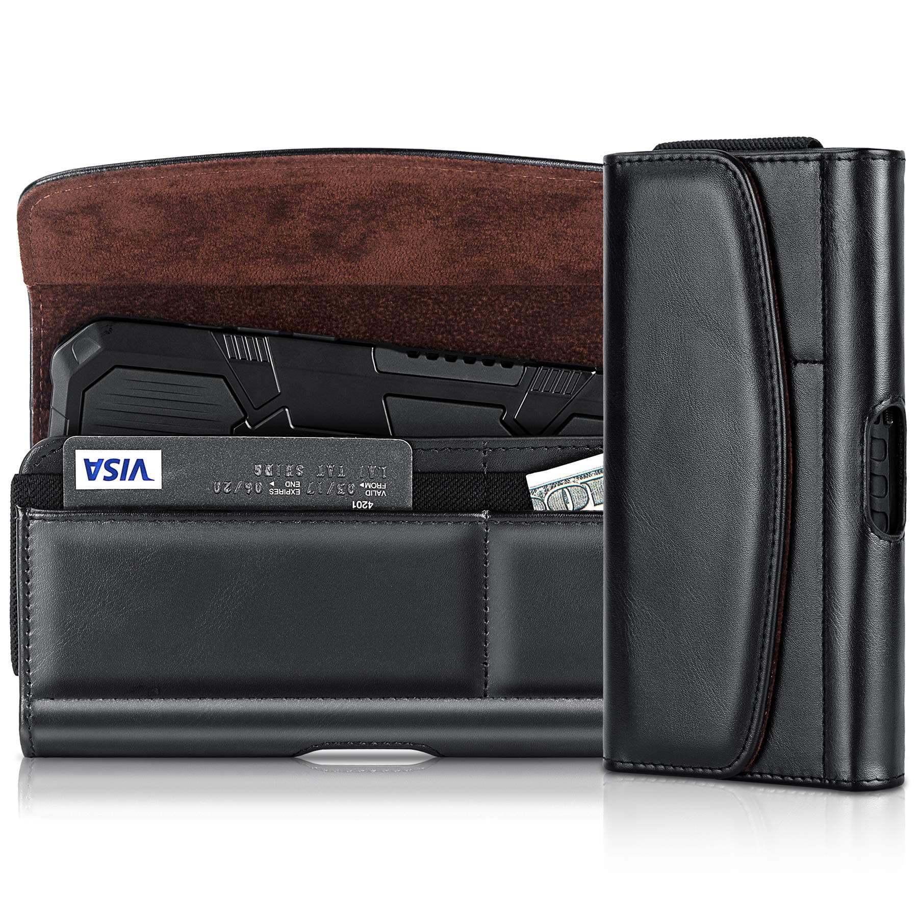 Shidan PU Belt Clip Case Holster Pouch [Built in SD Card & ID Card Slots] Cell Phone Holder for iPhone 11 X XS XR 8 7 6, Samsung S10e S7 S6 S6edge S5 A3 A5 J3 J5, HUAWEI P10 P9 P8 with Battery Case On