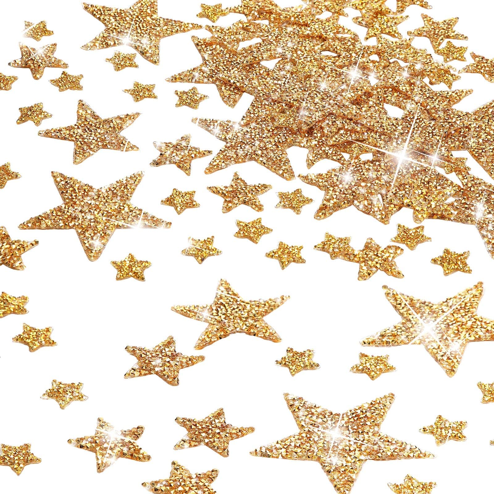 Geosar 120 Pieces Star Rhinestone Appliques Iron on Star Patches Rhinestone Glitter Star Patches Bling Appliques for DIY Crafts Clothes Bag Pants Wedding Decoration in 4 Sizes(Gold)