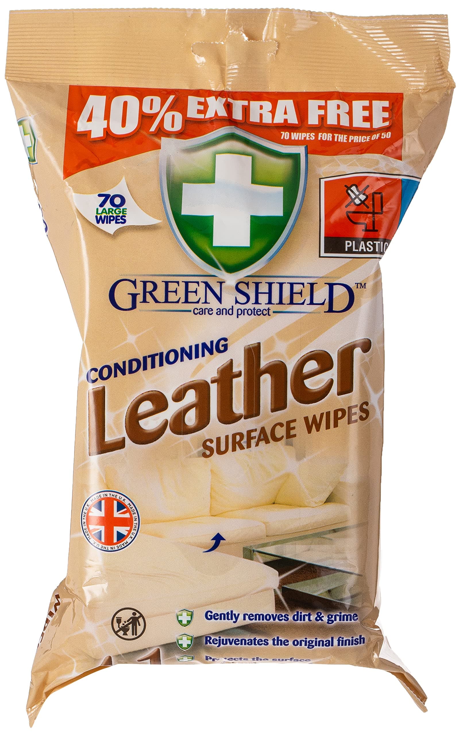Green Shield 4-in-1 Leather Surface Wipes 70-Pieces, Large