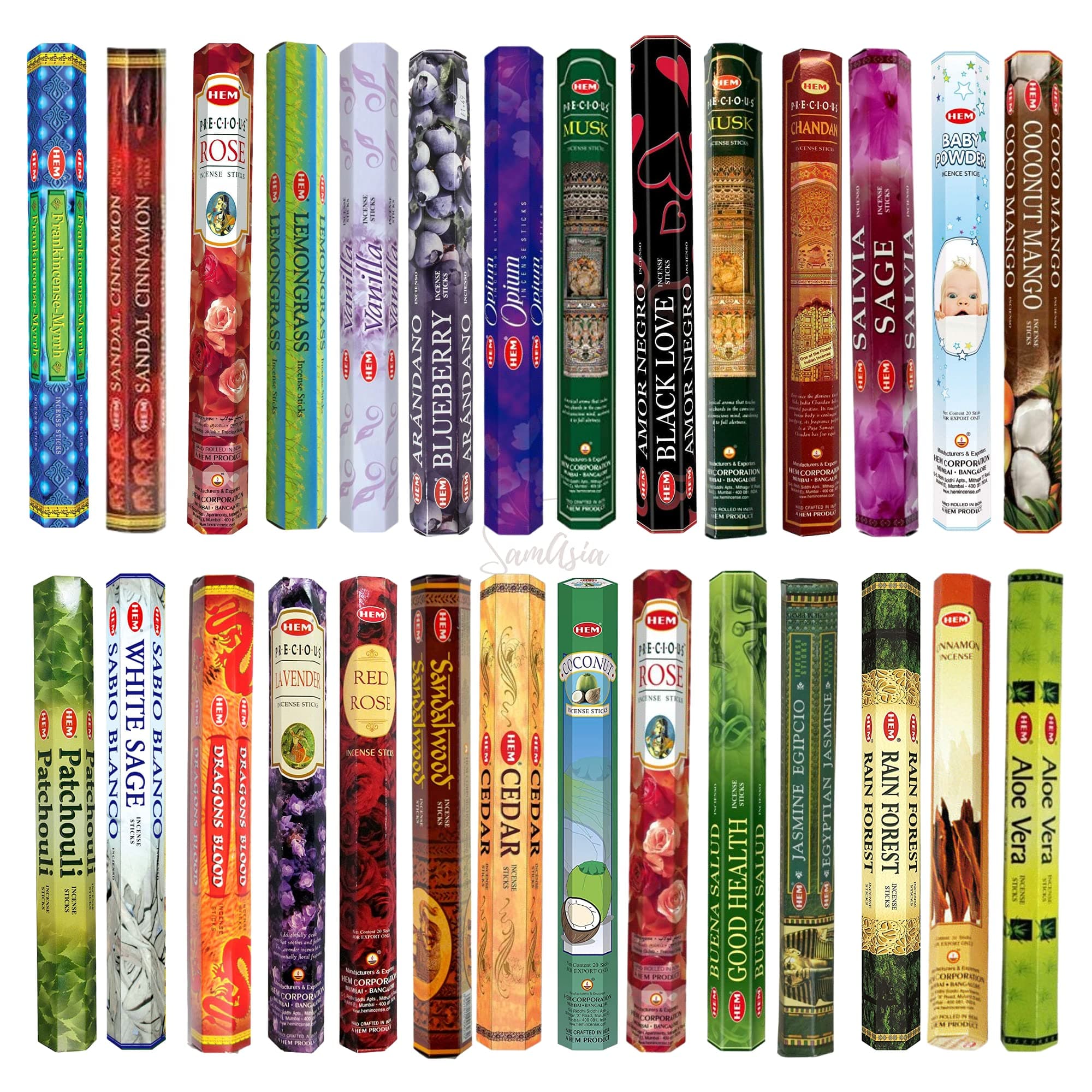 HEM Incense Sticks - 24 unique and premium flavours with SAMASIA incense holder for Aromatherapy, Incense Spa, Yoga, Meditation, Healing, Spirituality and Relaxation…