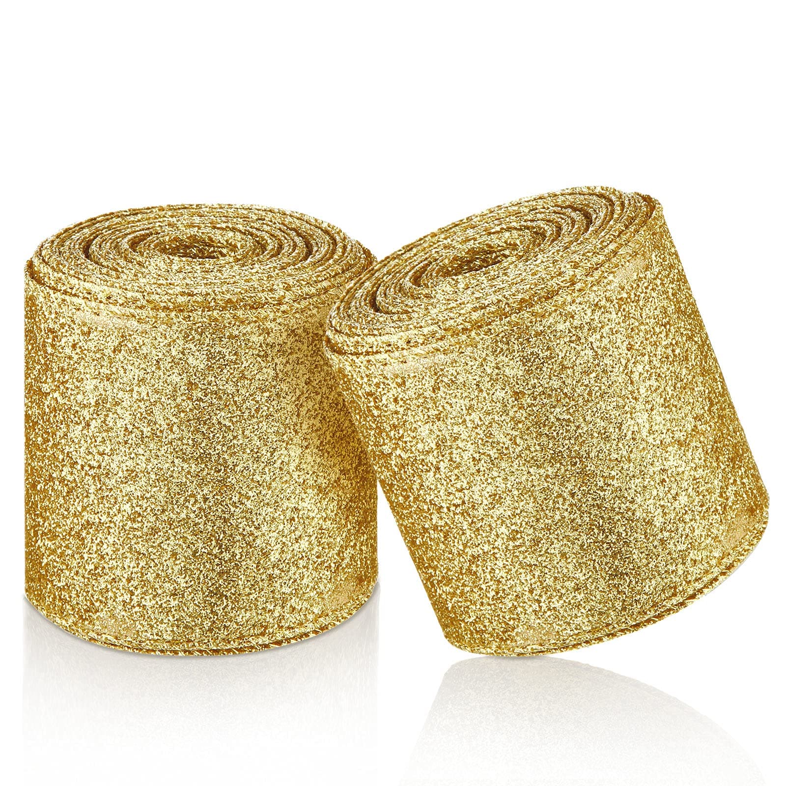 2 Rolls 20 Yards Christmas Ribbon Metallic Glitter Ribbon Wired Edge Decorative Fabric Ribbons for Party Wrapping Home Decorations Wedding Birthday DIY Crafts 2.5 Inch (Gold)