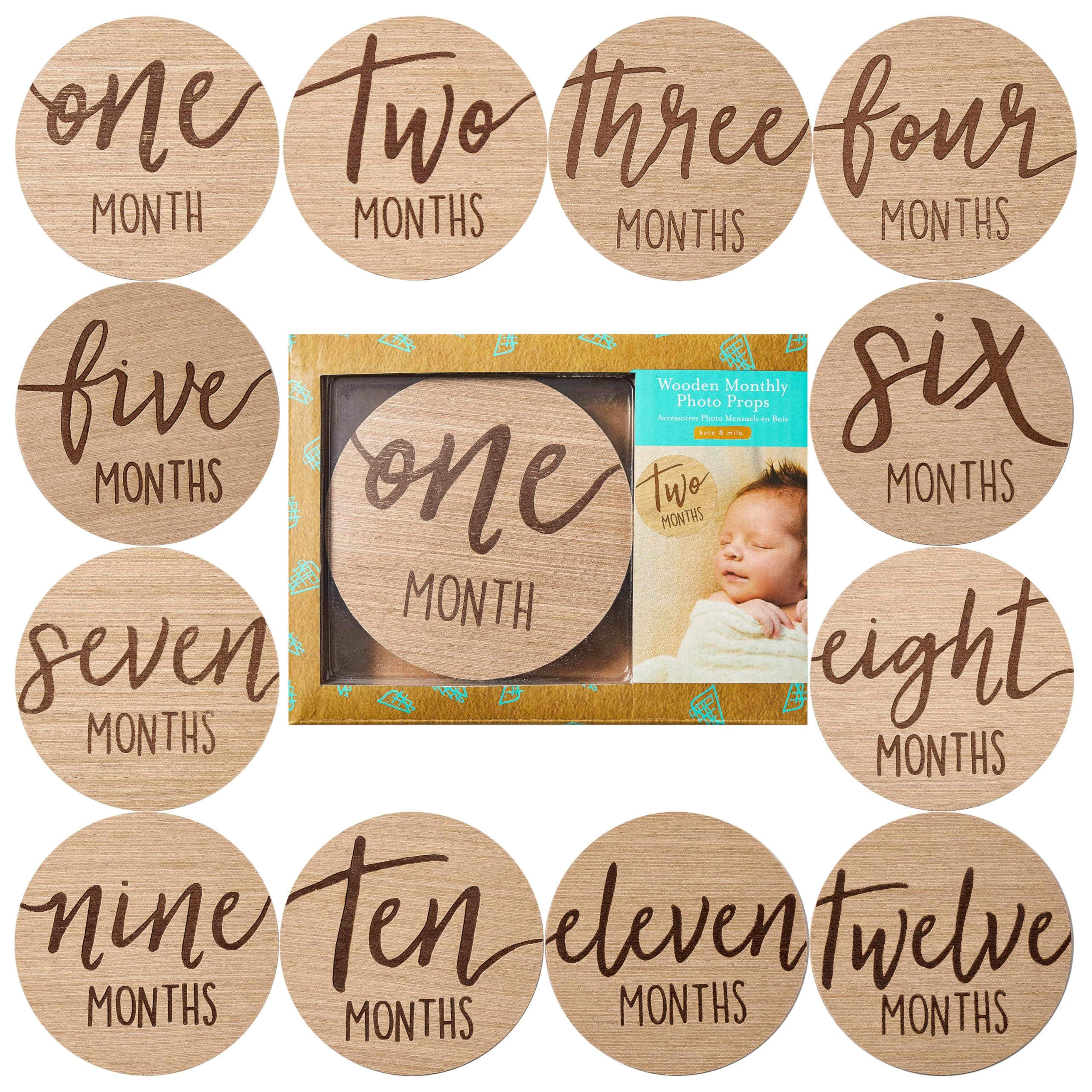 Kate & Milo Baby Monthly Milestone Marker Discs - Classic Cursive Script Wooden Discs with Reversible Photo Props for Baby Announcement and Milestones, Gender-Neutral Gift for Newborn Boy and Girl